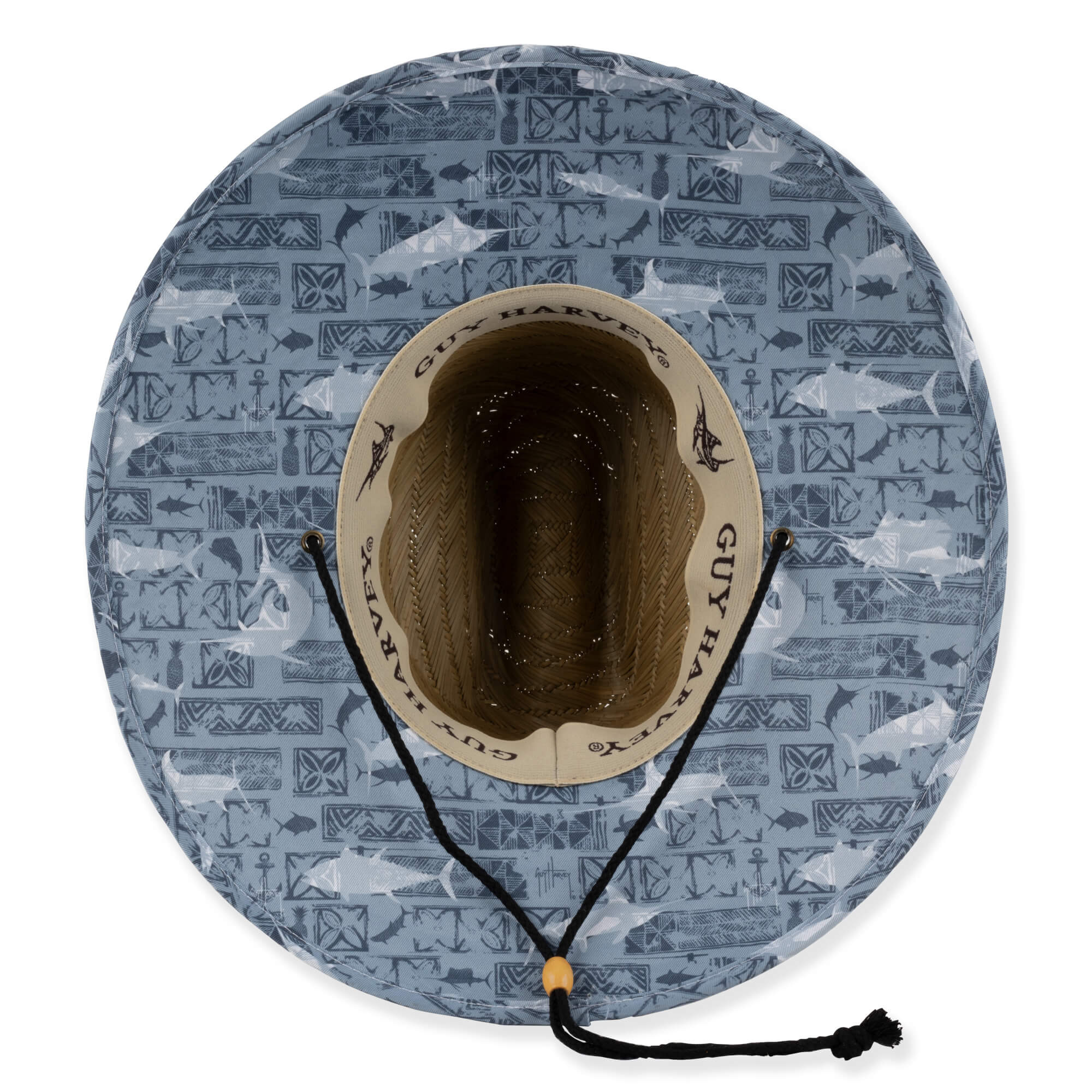 Wide-brimmed straw hat, grey fish pattern, adjustable chin strap, inner band detail