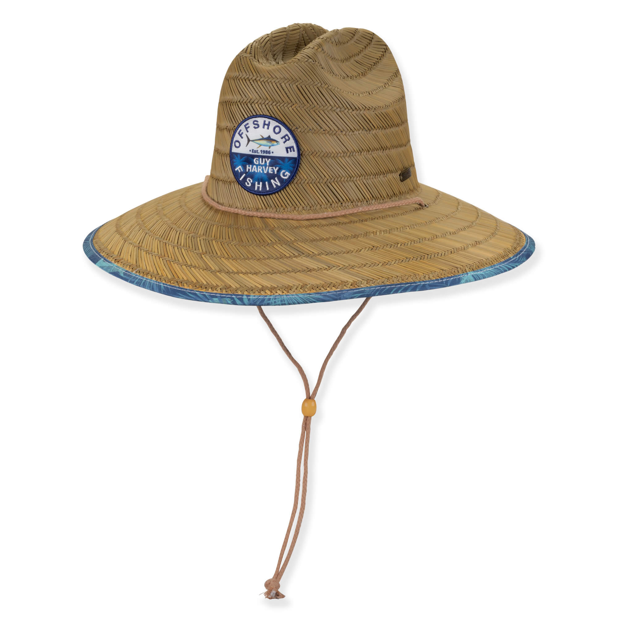 Woven straw sun hat with wide brim, blue trim, chin strap, and embroidered fishing patch