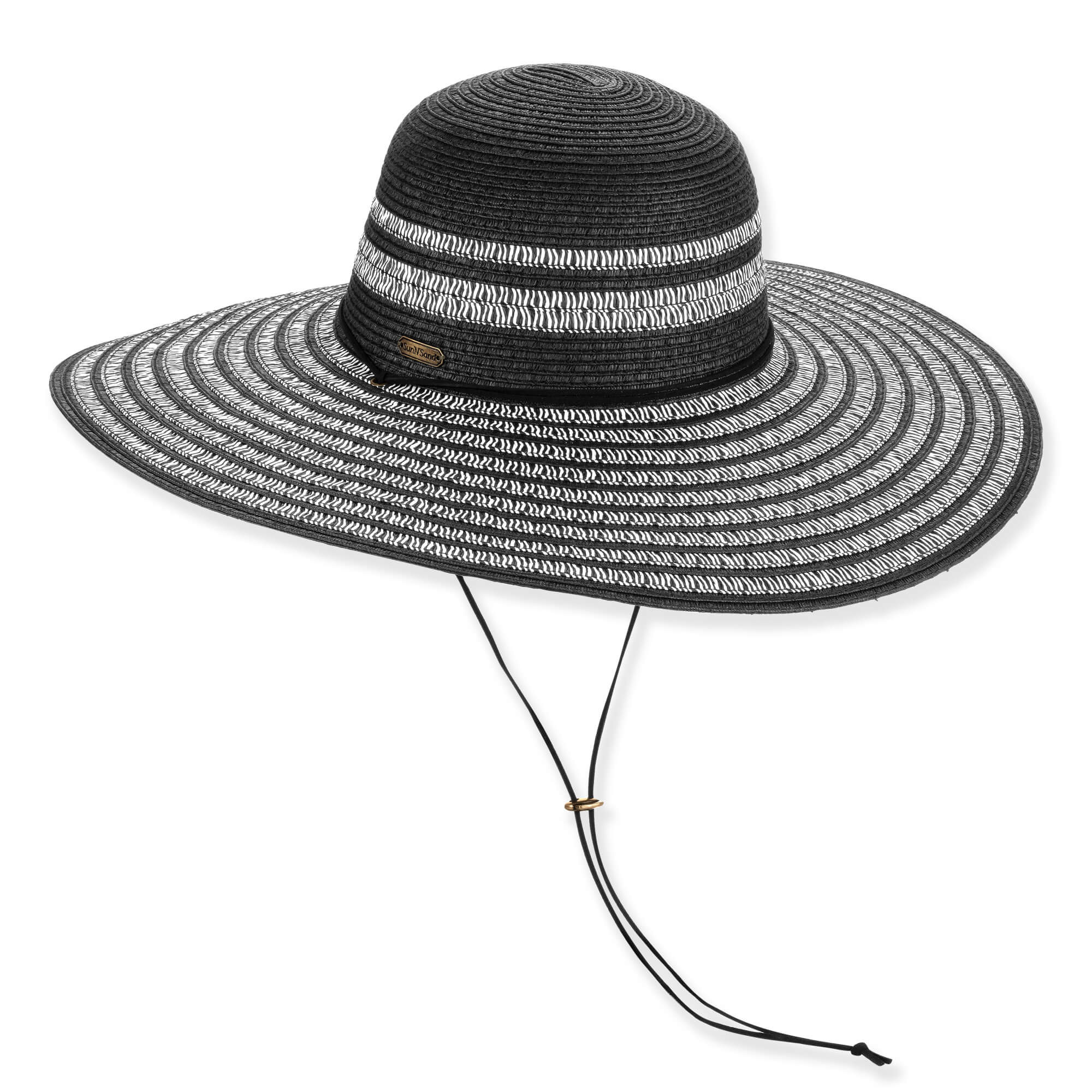 Front angled view of black crown floppy sun hat with wide striped brim, decorative band, and adjustable chin strap featuring bead hardware detail.