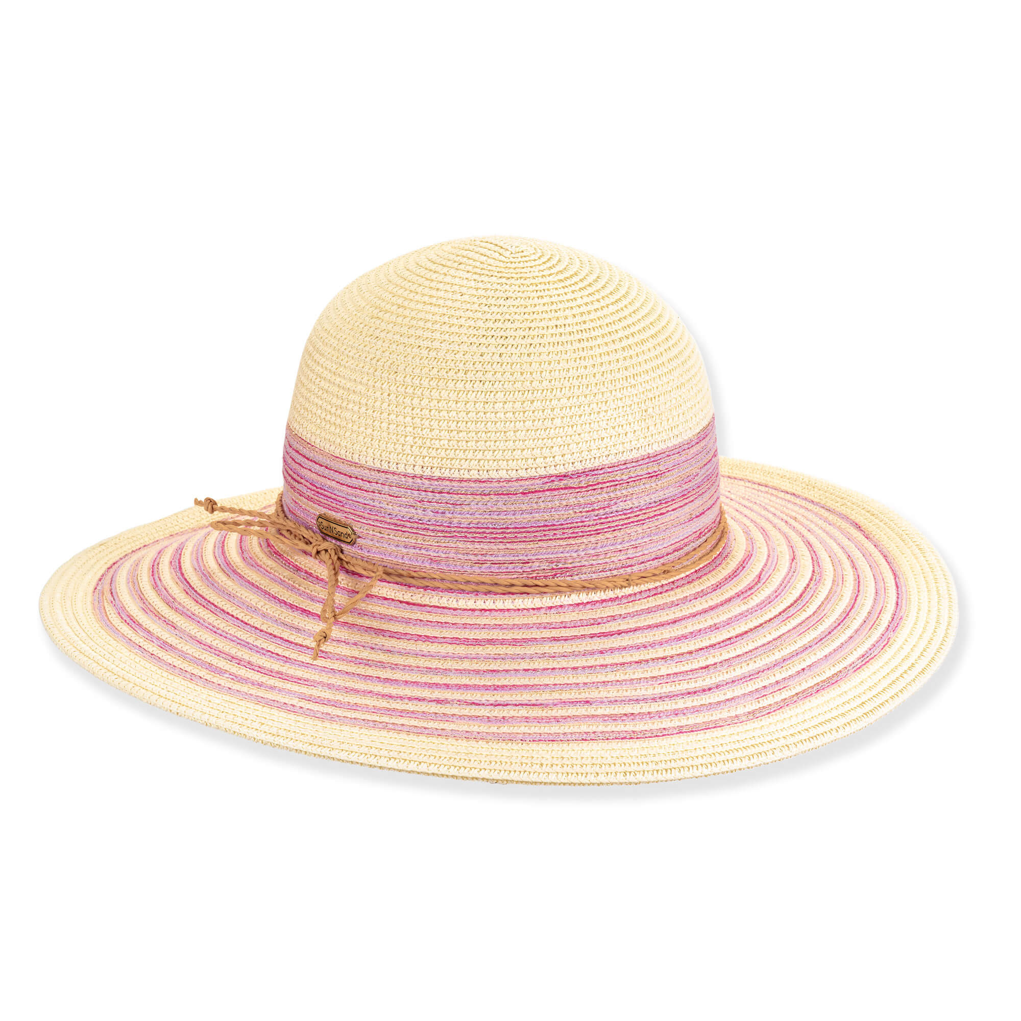 Pink-beige striped straw floppy hat, wide brim, creased crown, fine woven texture, stitched edge, adjustable inner band with metal slider.