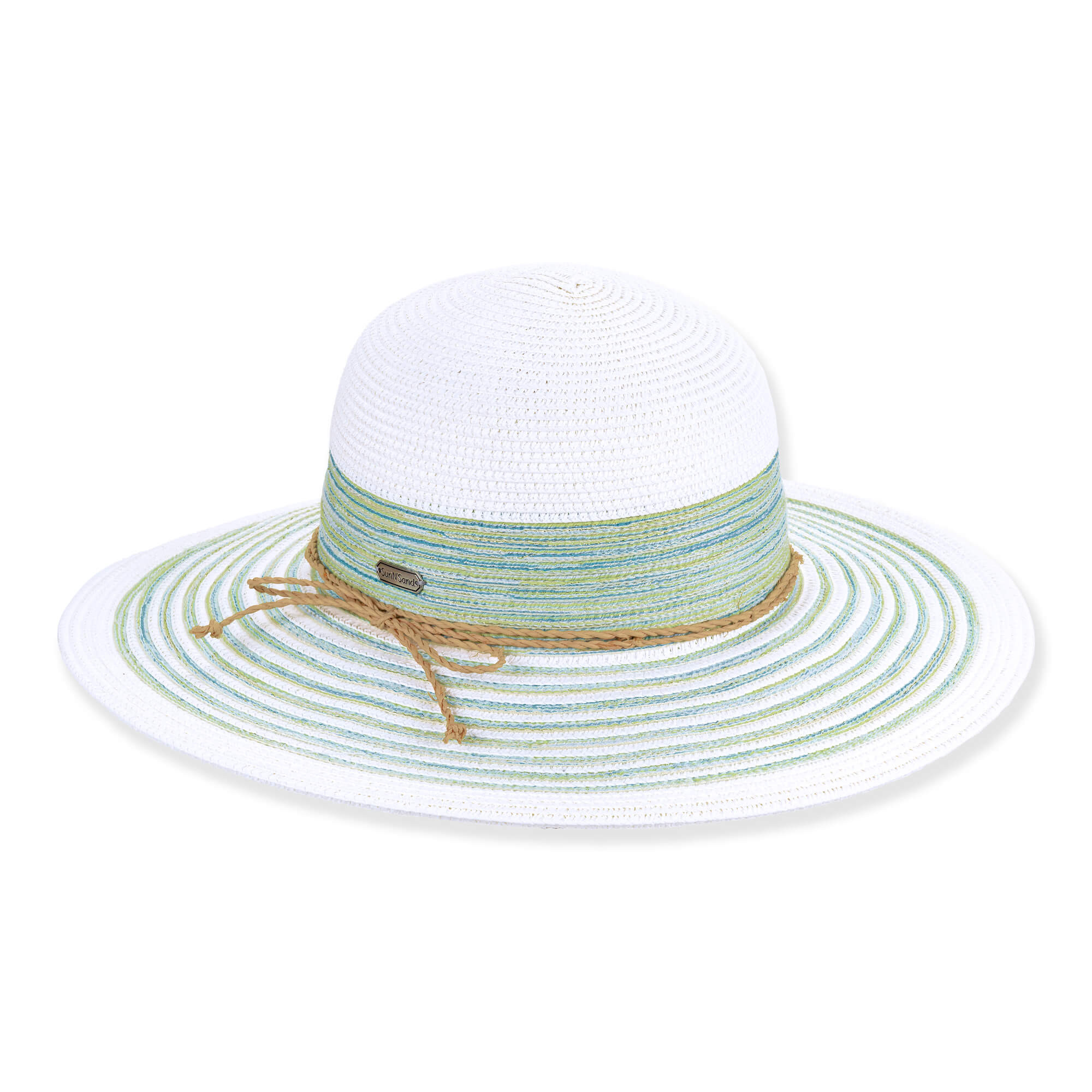 Front‑angled view of the Sun N Sand HH3436 women’s floppy hat in white with blue‑green stripes, featuring tan string band and metallic tag for sun protection.
