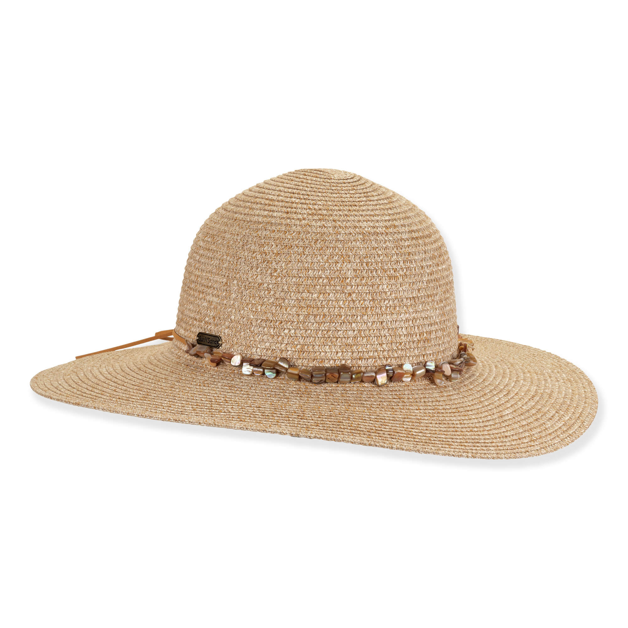 Natural woven straw sun hat, rounded crown, wide brim, adorned with beaded shell band and leather tie.