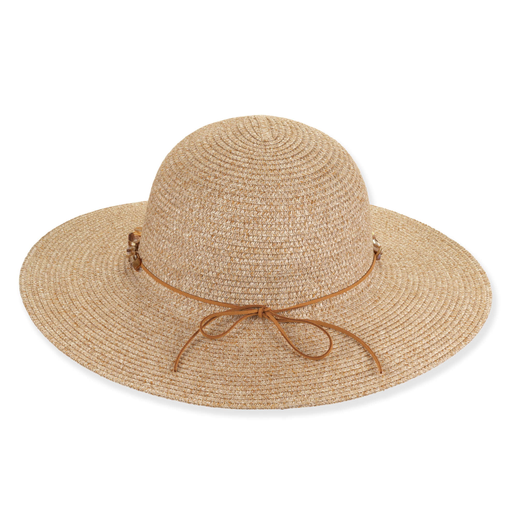 Wide-brimmed straw sun hat, textured weave, brown tie detail, rounded crown