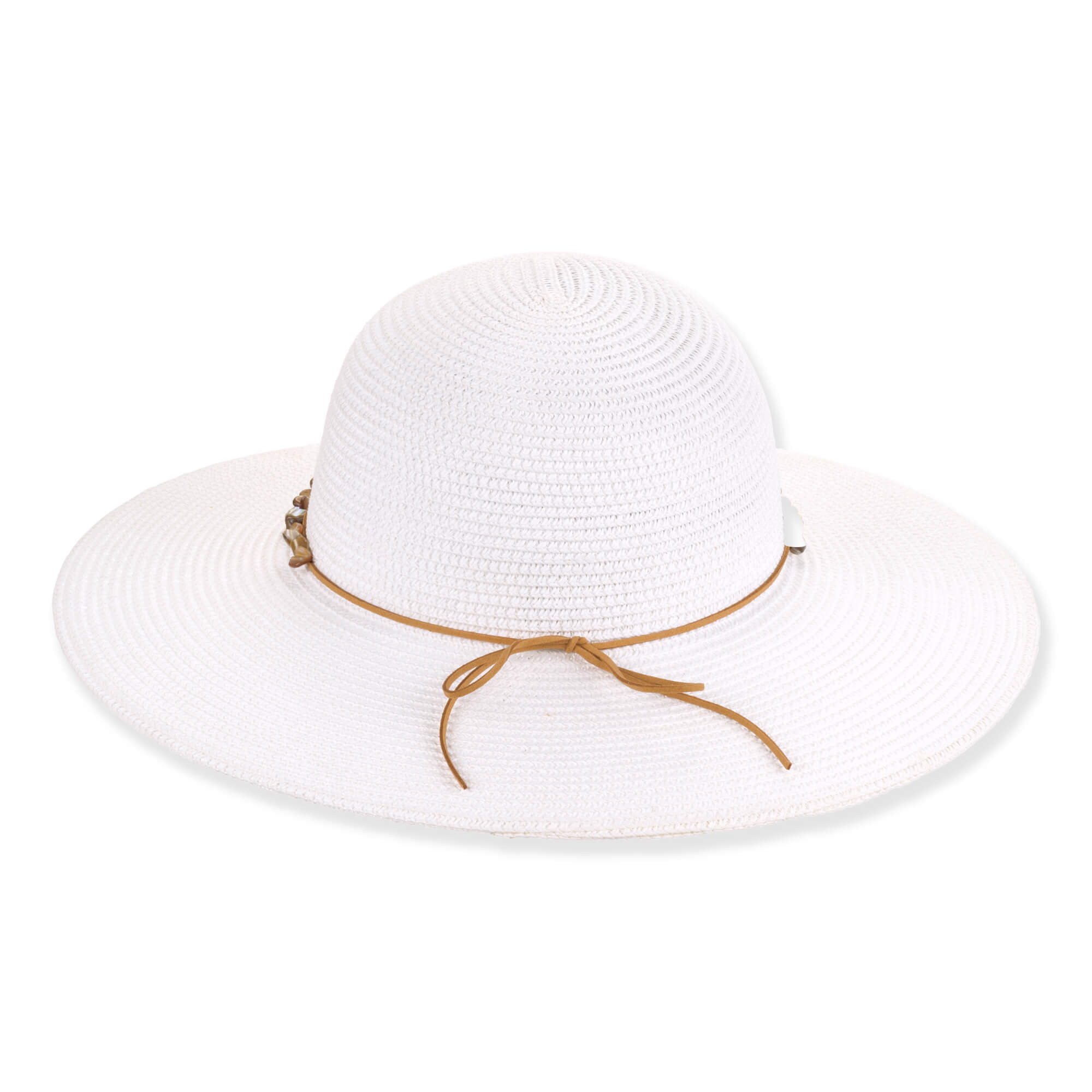 White wide-brimmed straw hat with woven texture, tied with a brown cord and accent beads.