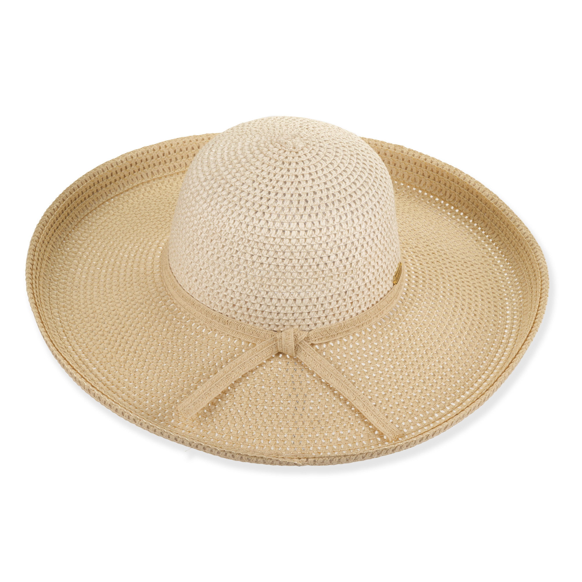 Woven beige straw sun hat, wide brim, round crown, tied ribbon detail