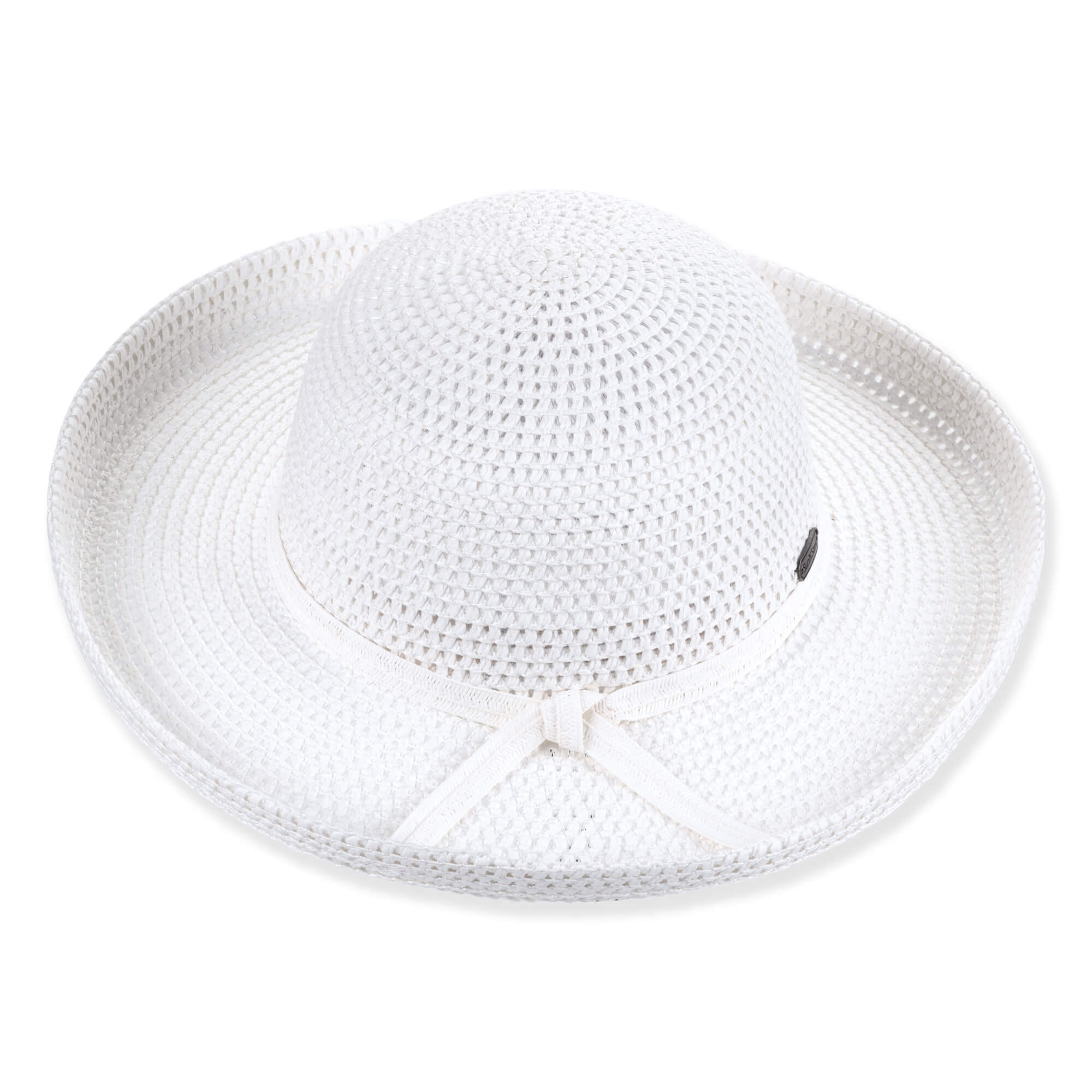White woven wide-brim sun hat with a black emblem and a small bow