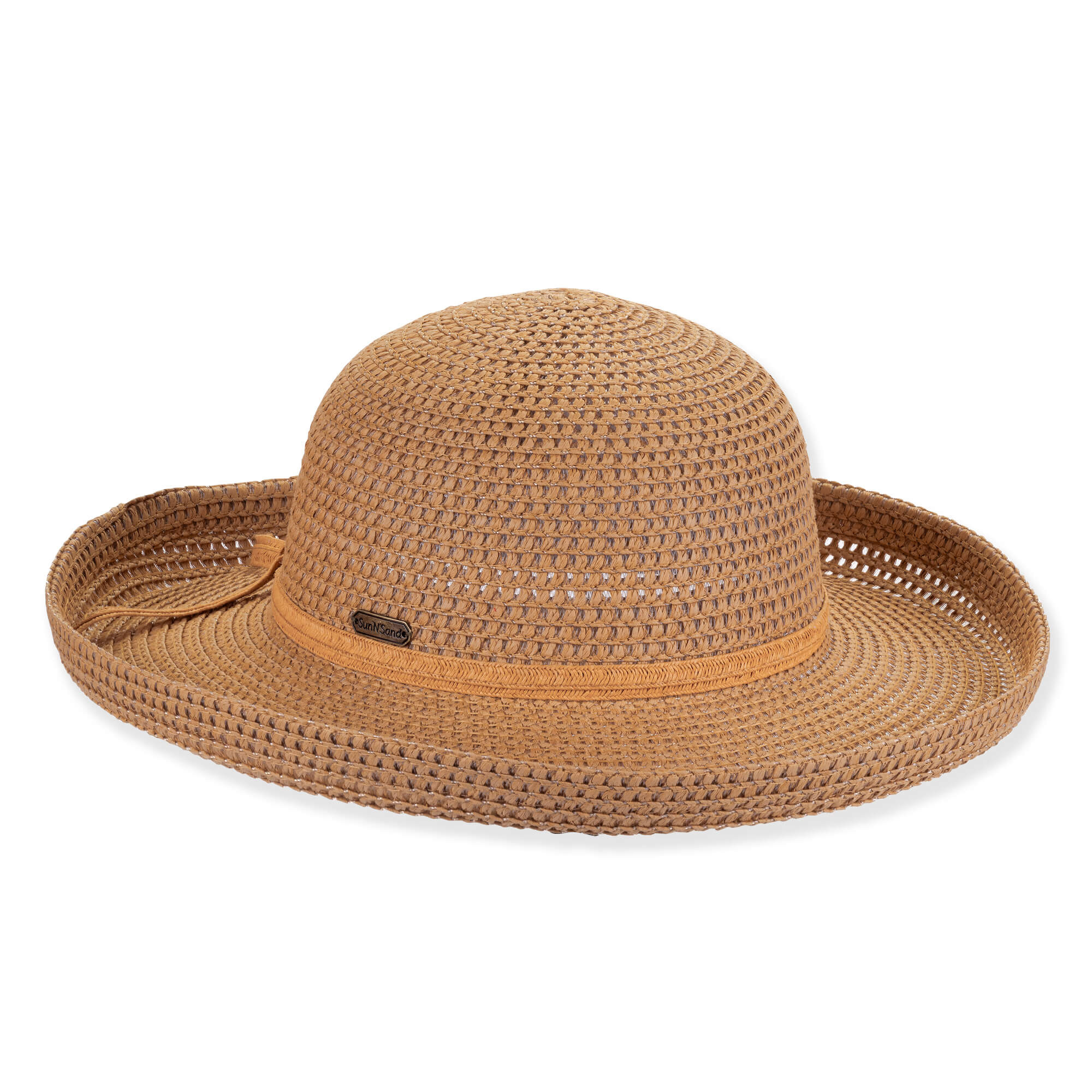 Woven straw sun hat, light brown, wide brim, with orange ribbon band and small metal logo