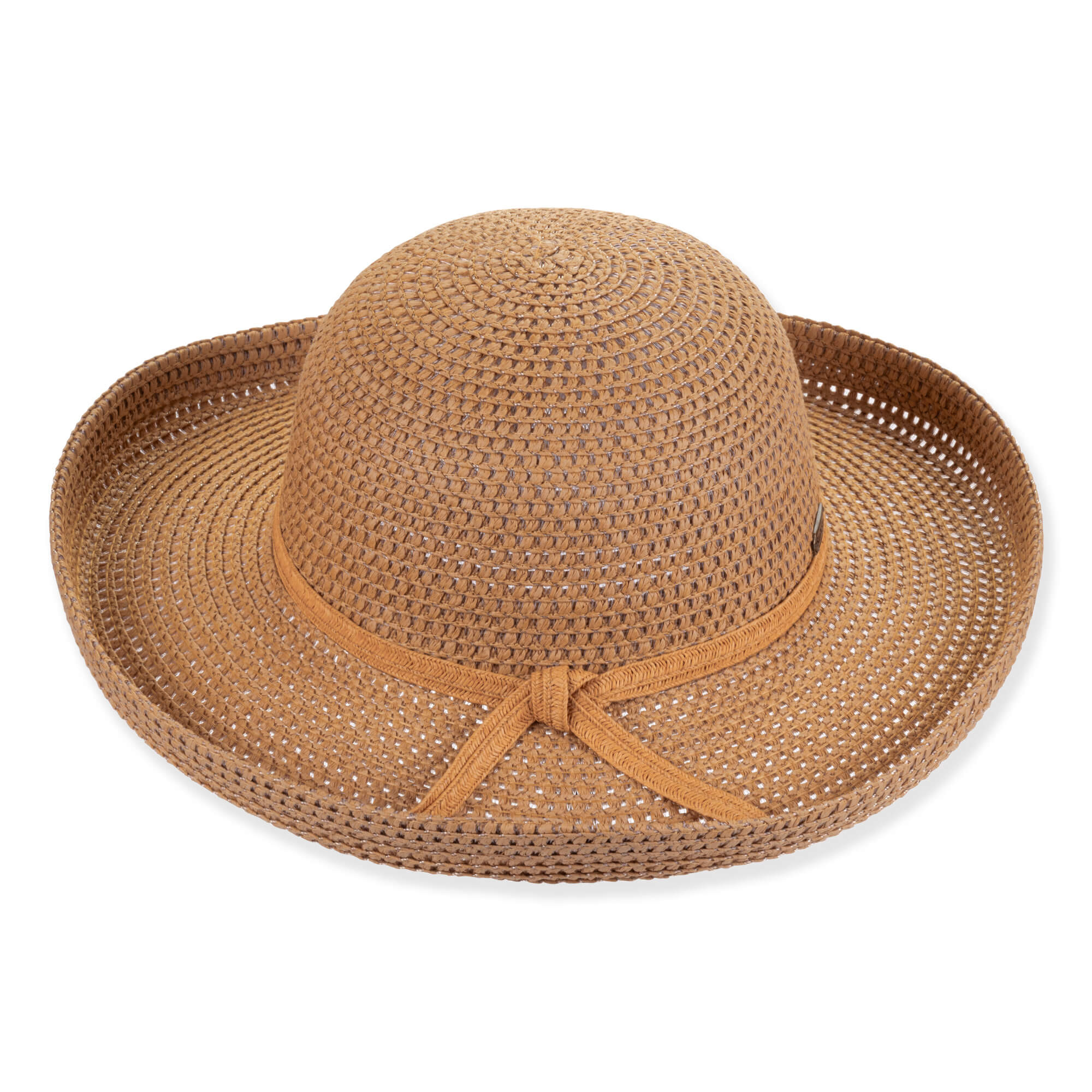 Crocheted straw sun hat, round crown, wide brim, tan ribbon tie, natural texture