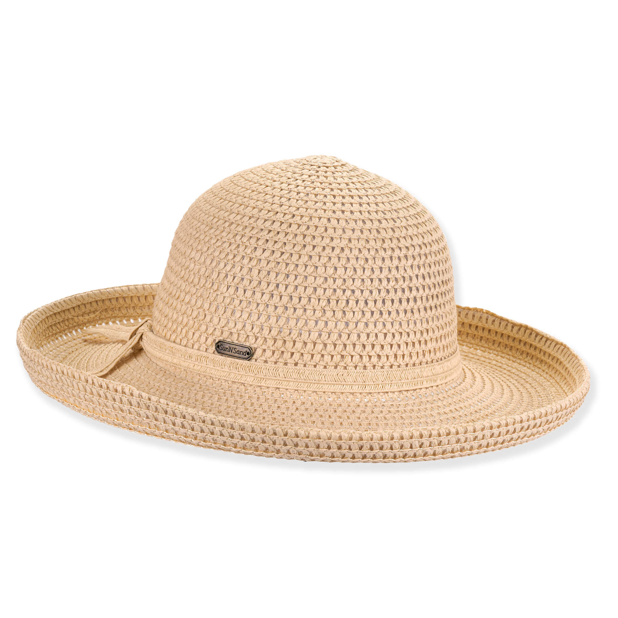 Beige woven straw sun hat with a wide brim, a braided accent, and a small silver logo tag.