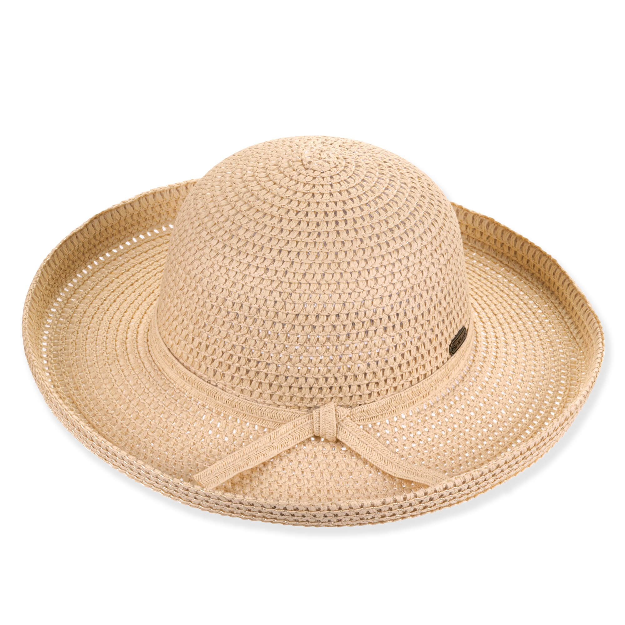 Woven straw sun hat, wide brim, beige, with ribbon bow and dark emblem