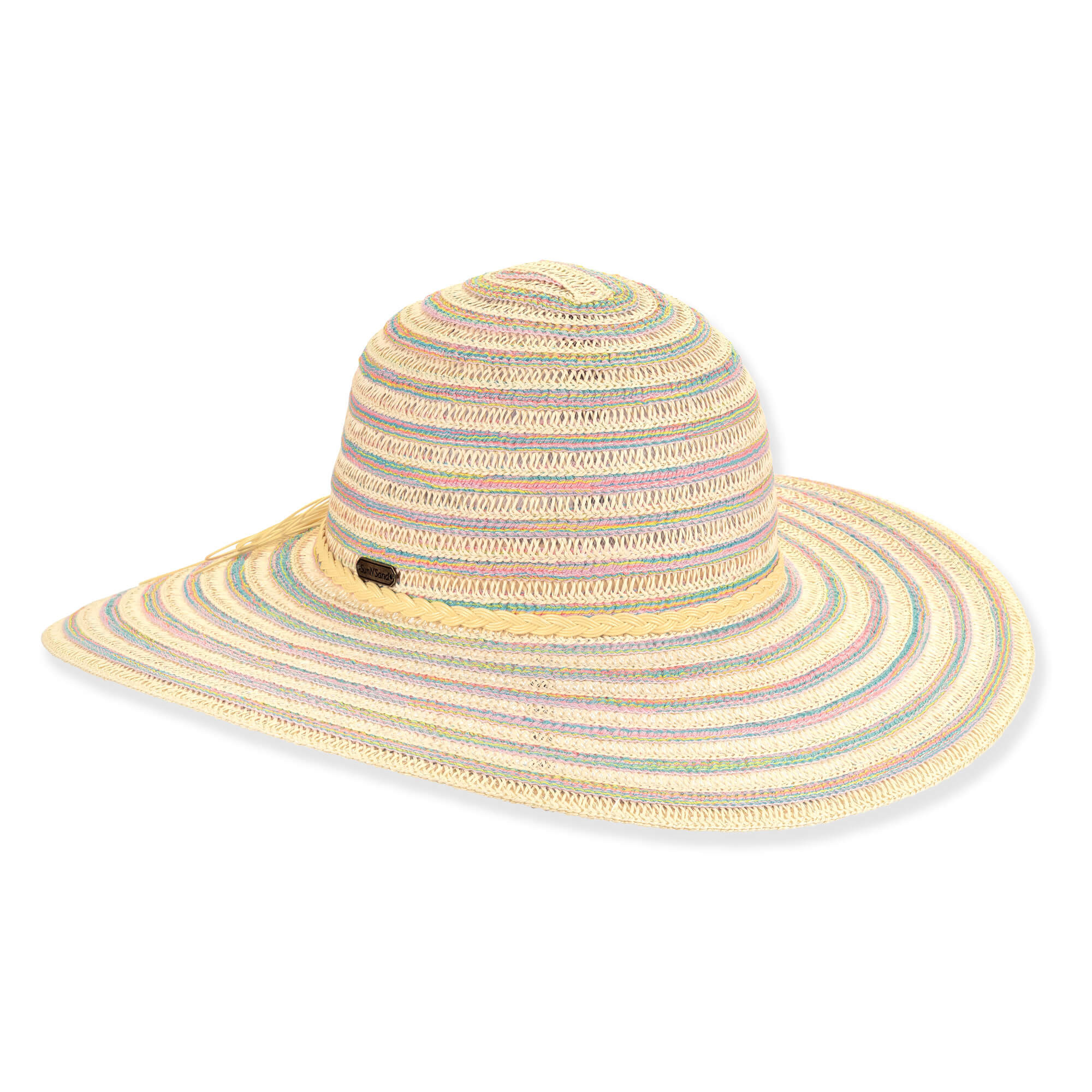 Front angled view of the Sun N Sand HH3442 women’s floppy hat in pastel multicolor weave, featuring wide woven brim and small metallic side tag for sun protection.