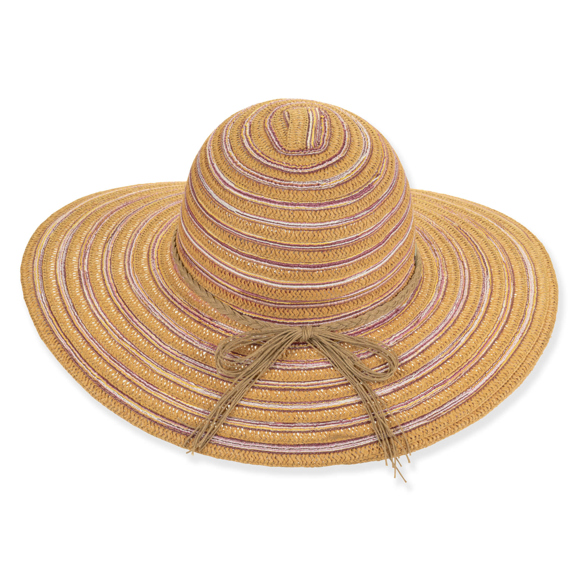 Wide-brimmed straw sun hat, woven with light brown, white, and pink stripes, tied with a rustic twine bow.