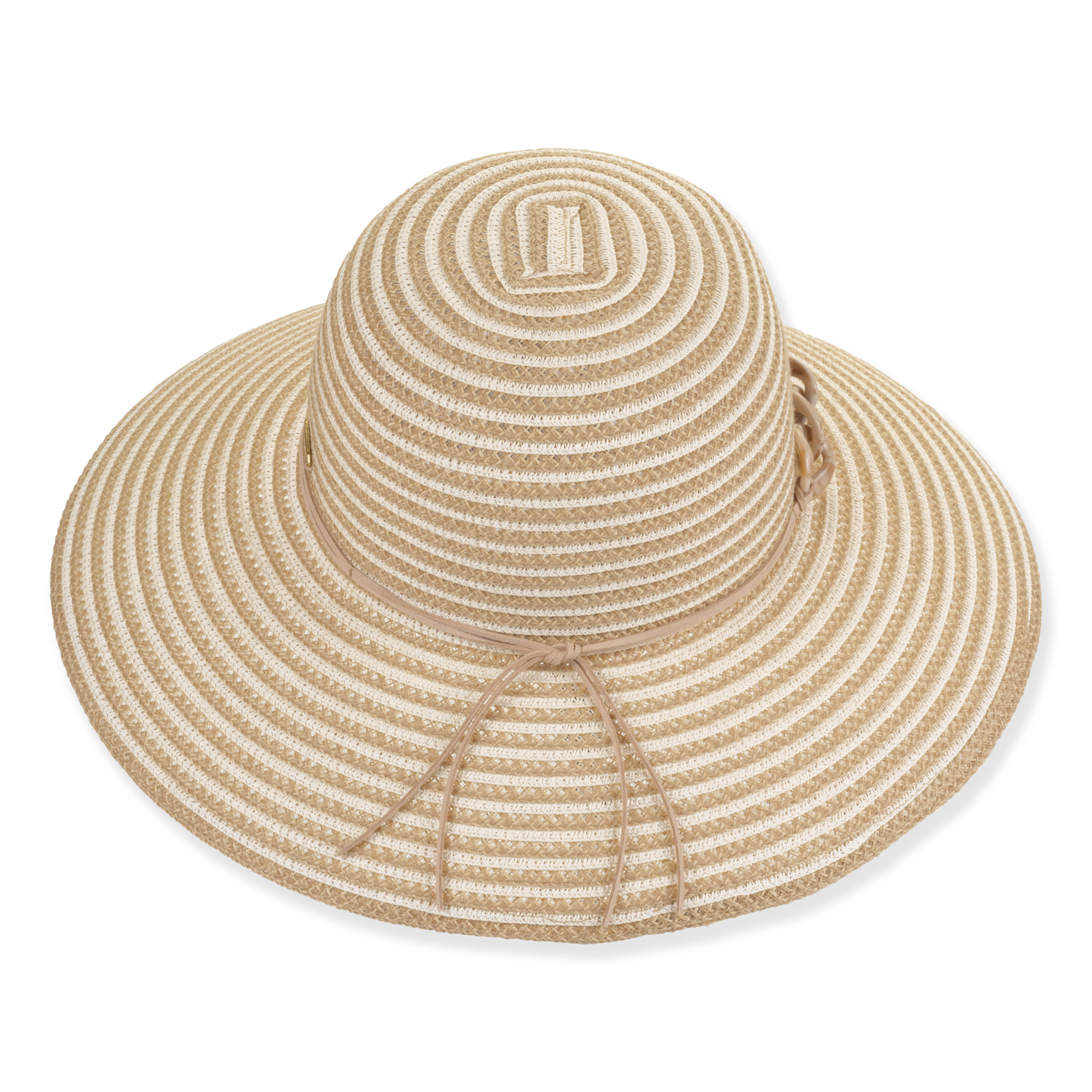 Straw-like textured wide-brimmed sun hat, beige and white stripes, bow accent, crown detail