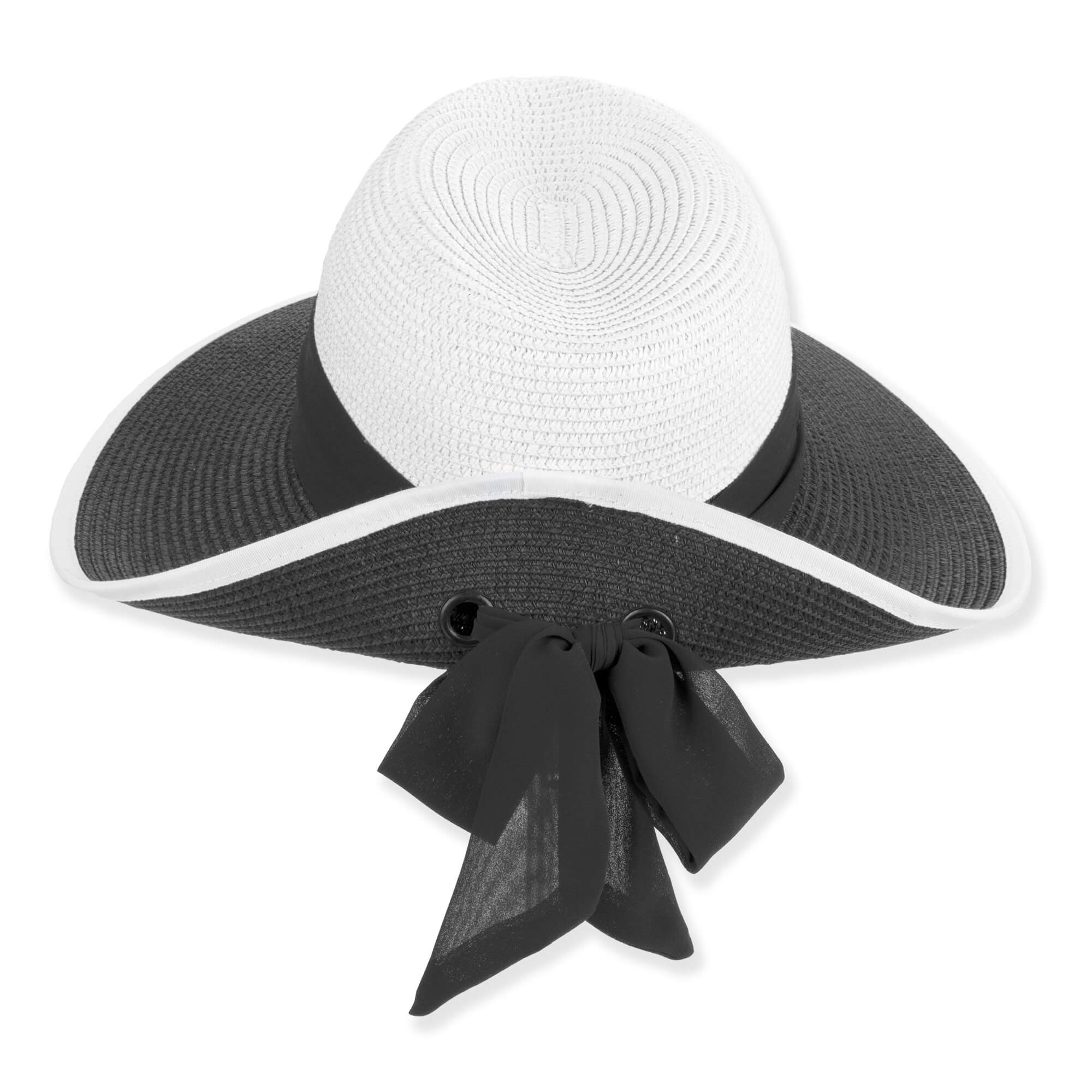 Woven white crown hat with black brim, elegant white piping, and a large black satin bow. Top-down view.