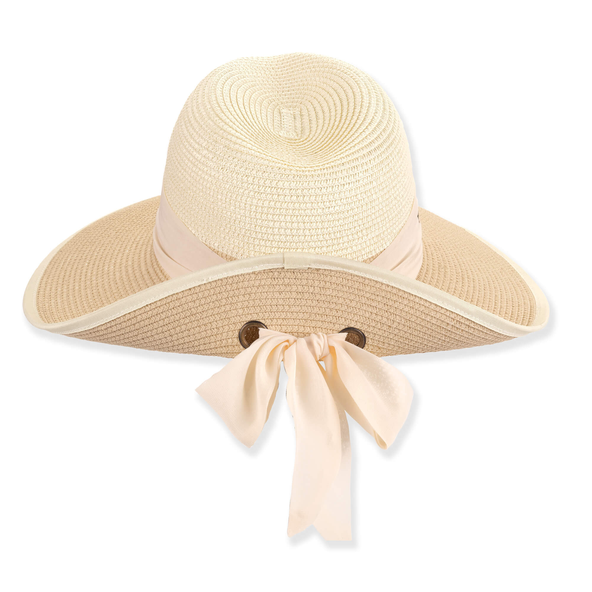 Woven straw hat with wide brim, cream ribbon, decorative grommets, and bow detail