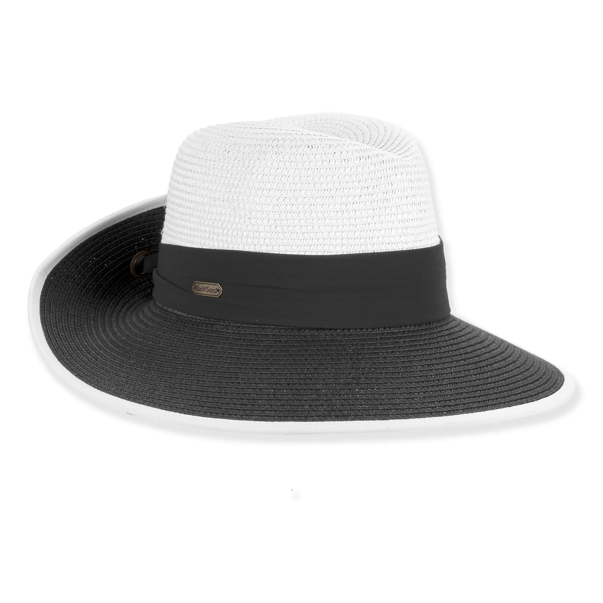 Woven straw sun hat with wide brim, black band, white crown, and subtle gold hardware detail.