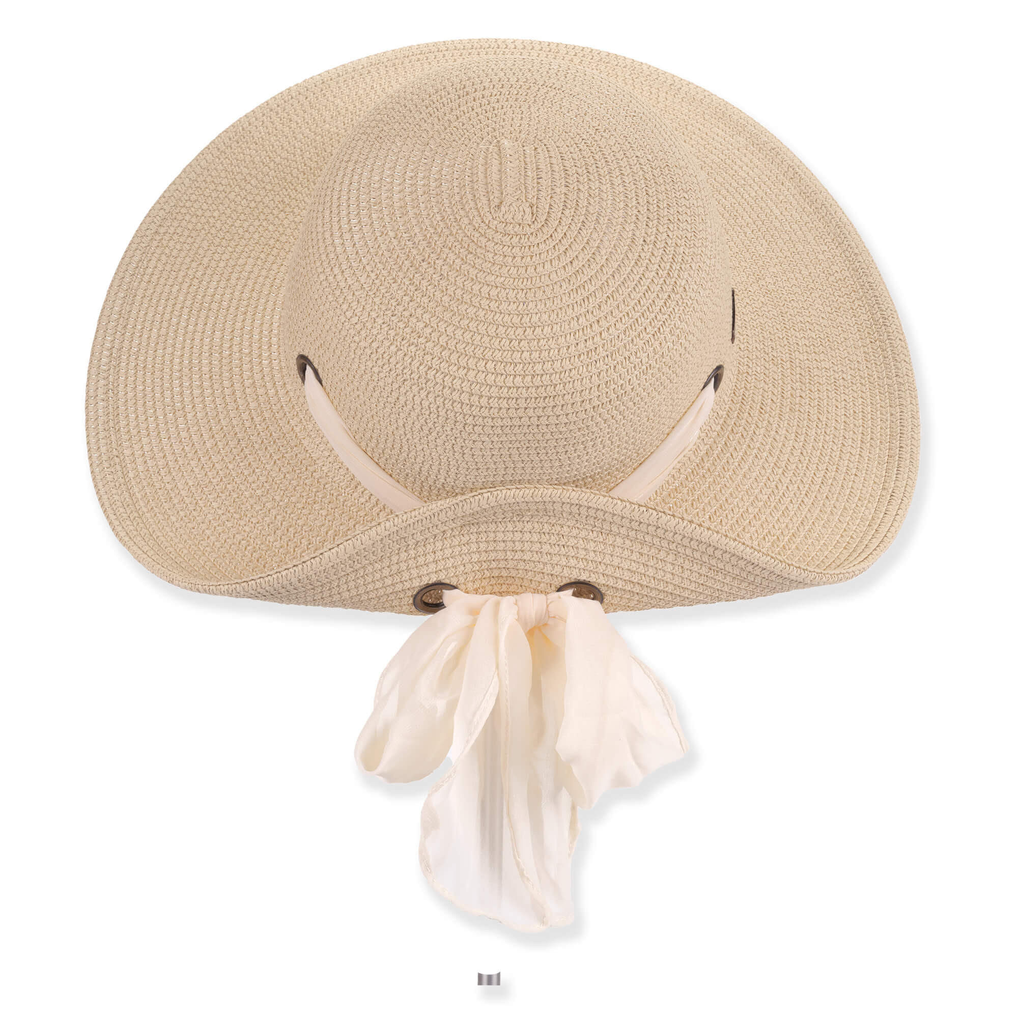 Textured straw cowboy hat with curved brim, cream fabric tie, and metal grommets