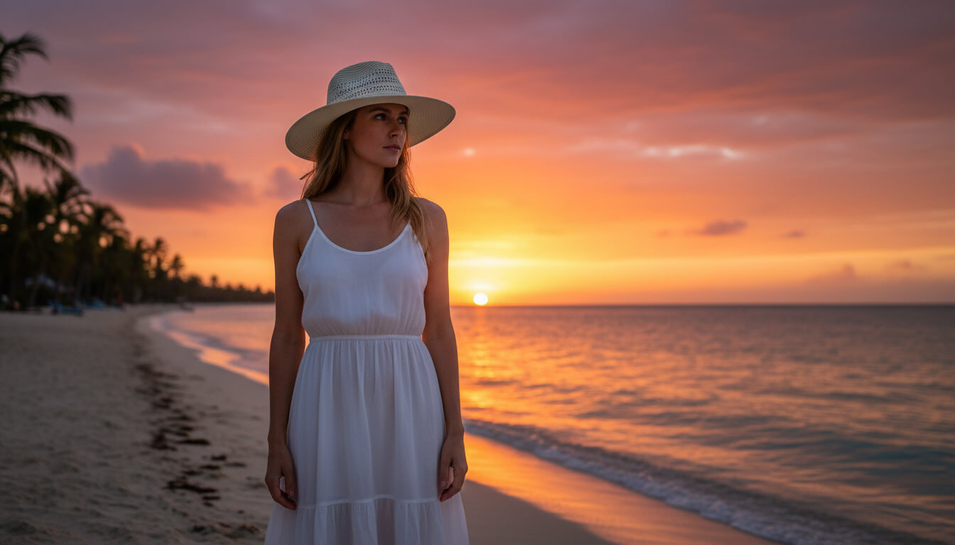 Lifestyle portrait of the Sun N Sand HH3497 Women’s Safari Hat in white perforated straw, featuring a ventilated open-weave crown and a wide, protective brim for an adjustable fit and UPF 50+ sun protection.