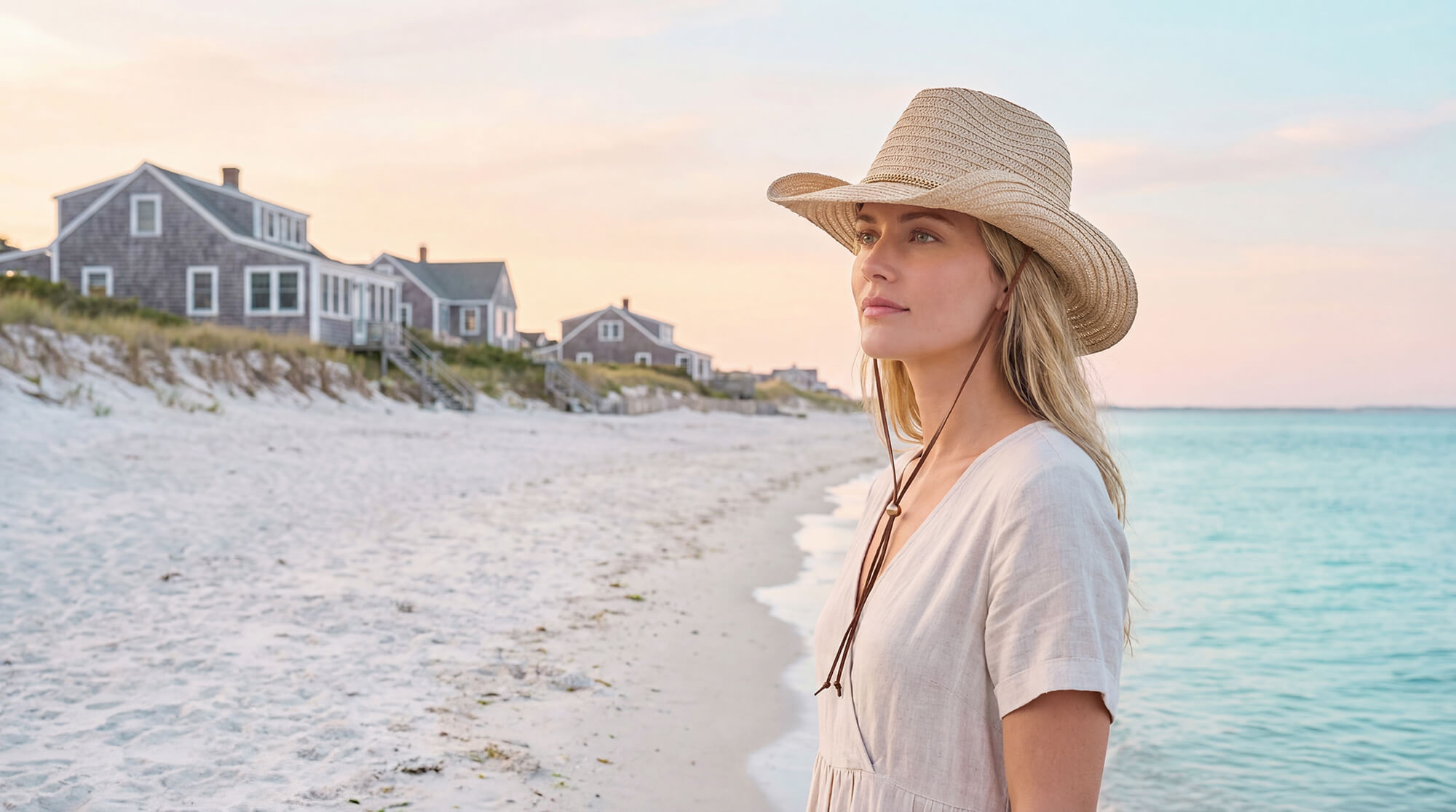 Product studio shot of the Sun N Sand HH3525 Women’s Western Hat in natural-toned woven straw, featuring a delicate floral-patterned hatband with a thin leatherette cord and a classic pinched crown with an upturned brim for an adjustable, comfortable fit.
