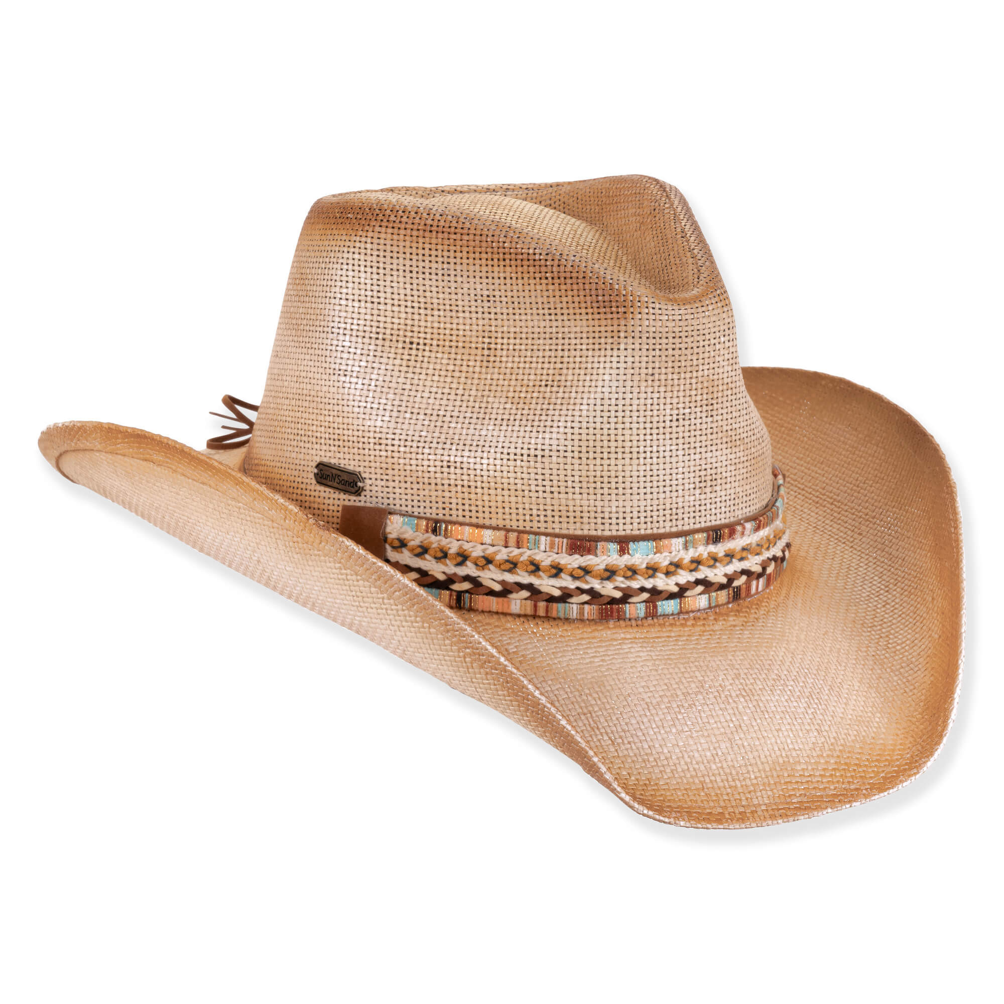 Three-quarter studio view of Sun N Sand HH3530 tan western hat featuring a multi-colored braided band and metallic logo plate.
