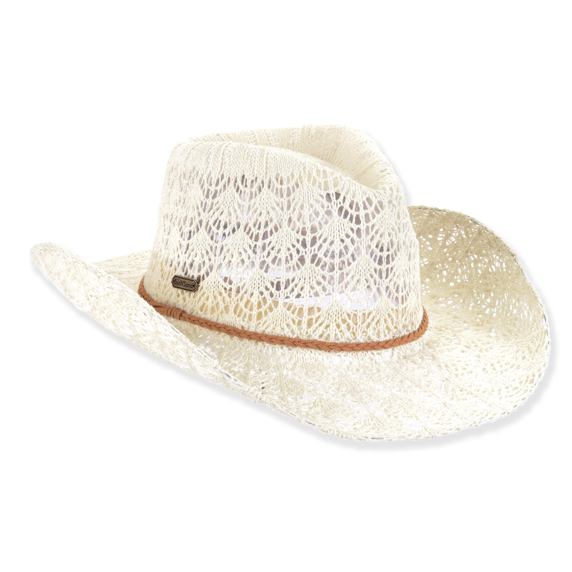 Three-quarter studio view of Sun N Sand HH3538 ivory western hat featuring an open-work crochet crown and thin braided band.