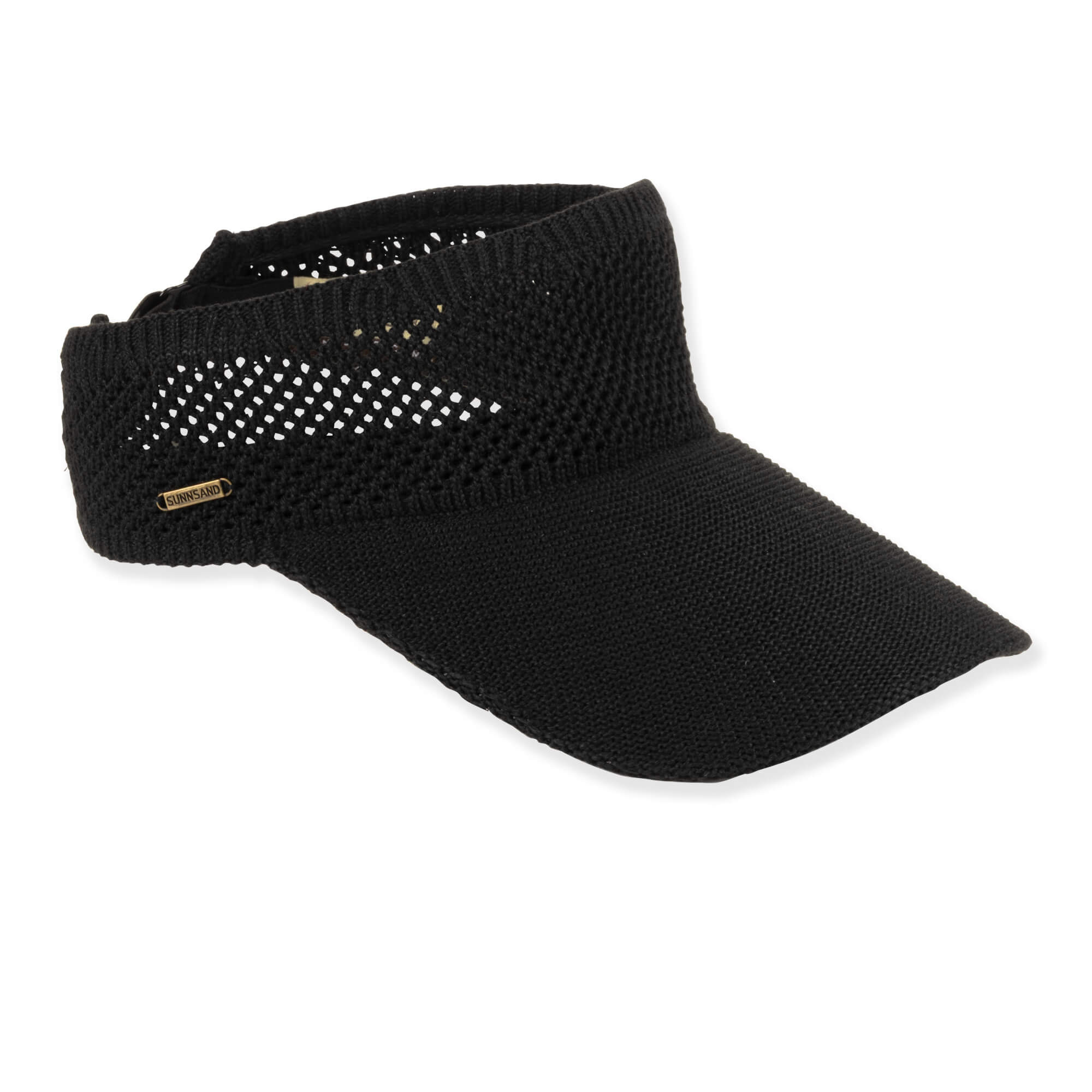 Black knit textured visor with mesh accents, gold hardware detail, and wide brim