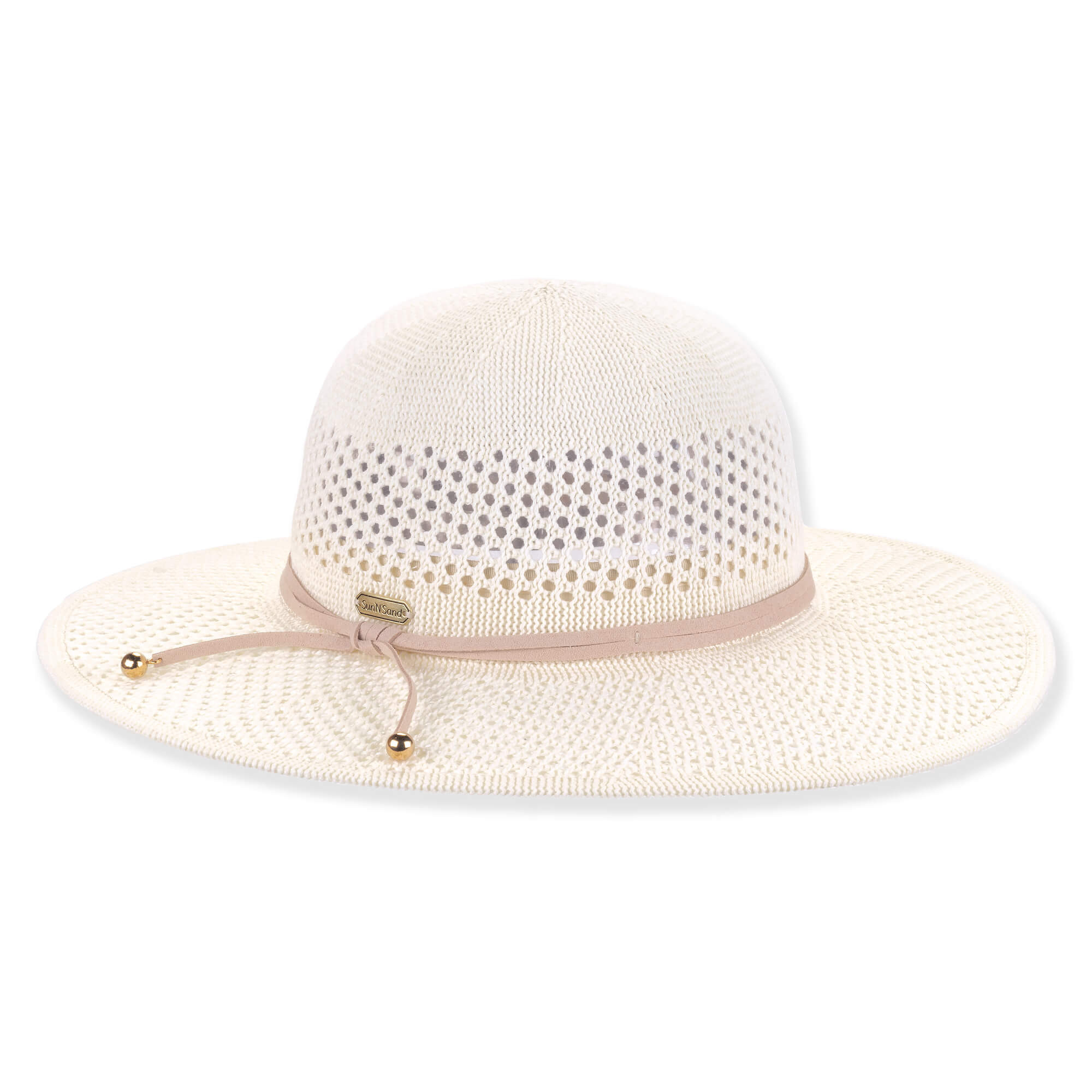 Light woven floppy hat with ventilated crown, wide brim, beige band, gold bead accents and metal tag shown in front angled view.