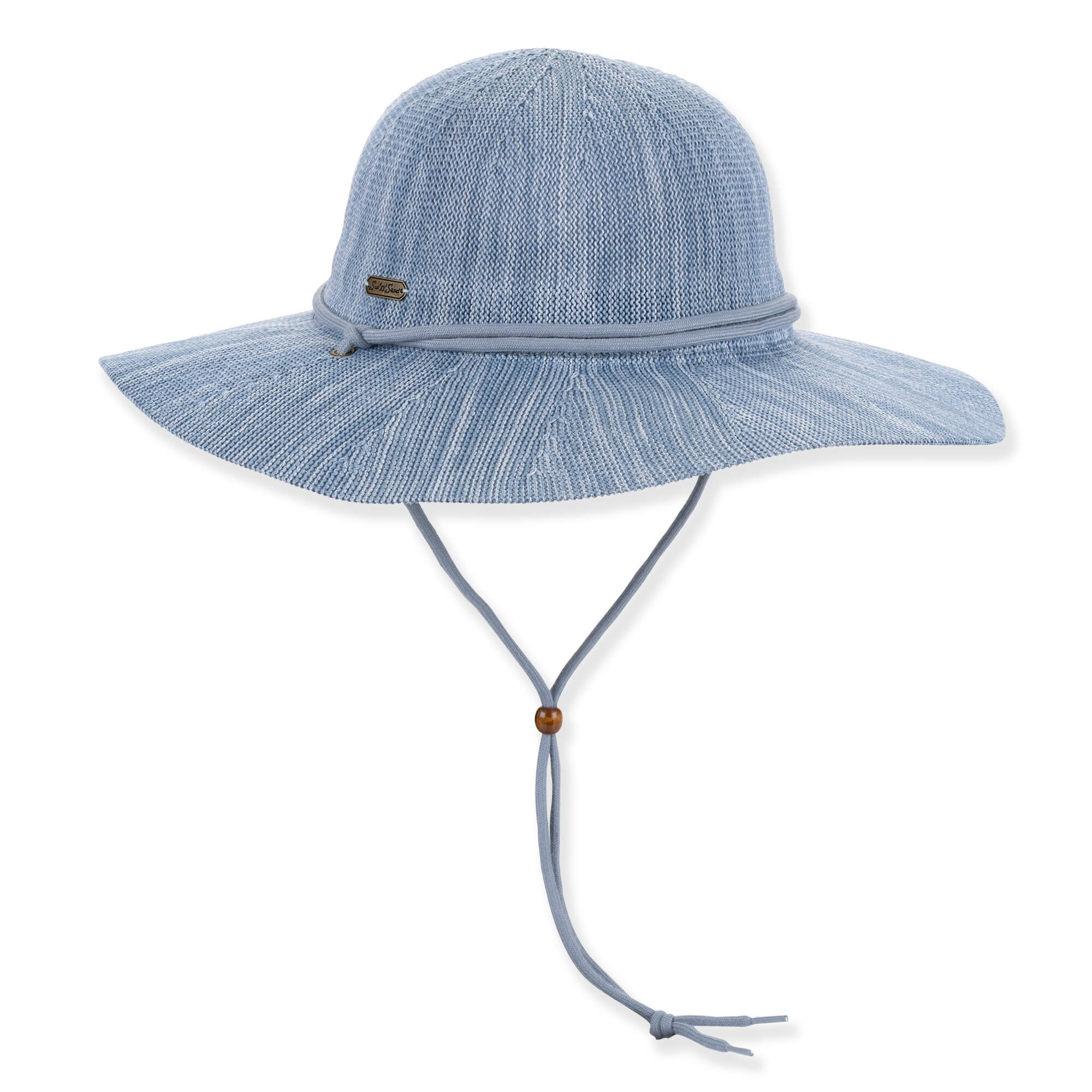 Light blue woven floppy hat with rounded crown, wide brim, matching band, chin strap with wooden bead shown in front angled view.