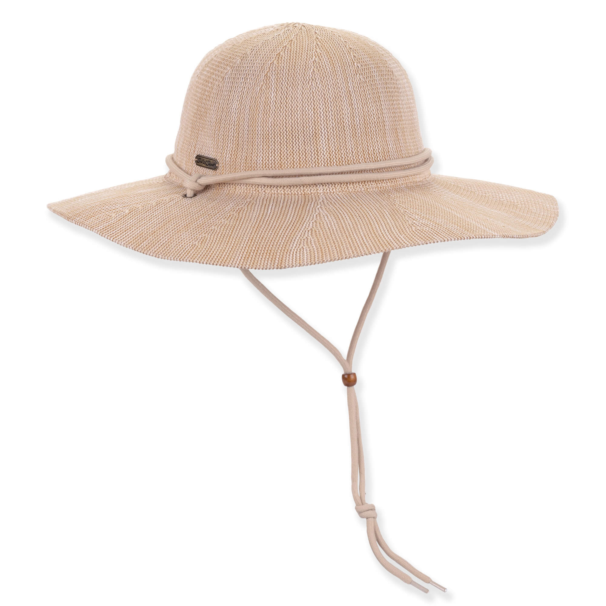 Beige woven floppy hat with rounded crown, wide brim, chin strap with wooden bead and metal tag shown in clear front angled view.