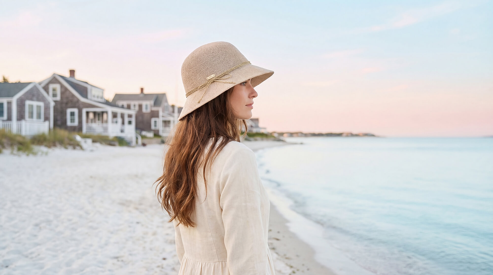 Lifestyle profile portrait of the Sun N Sand HH3576 Women’s Bucket Hat in a natural-toned woven fabric, featuring a thin decorative gold-toned cord hatband with a side metallic brand plate and a structured, down-sloping bucket brim for an adjustable fit and UPF 50+ sun protection