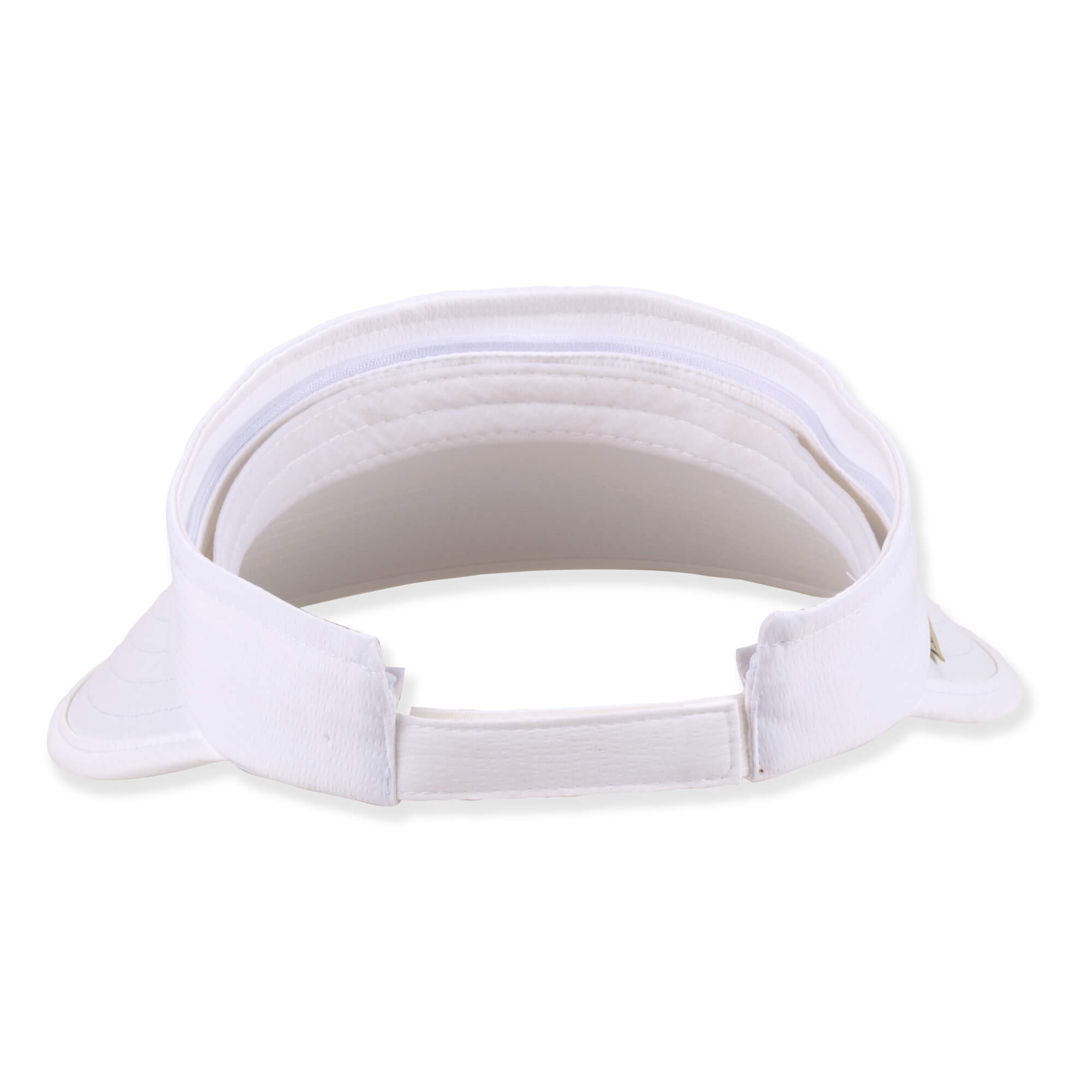 back view of a white canvas 2-in-1 sun hat featuring a detachable zippered crown and wide-brimmed stitched visor.