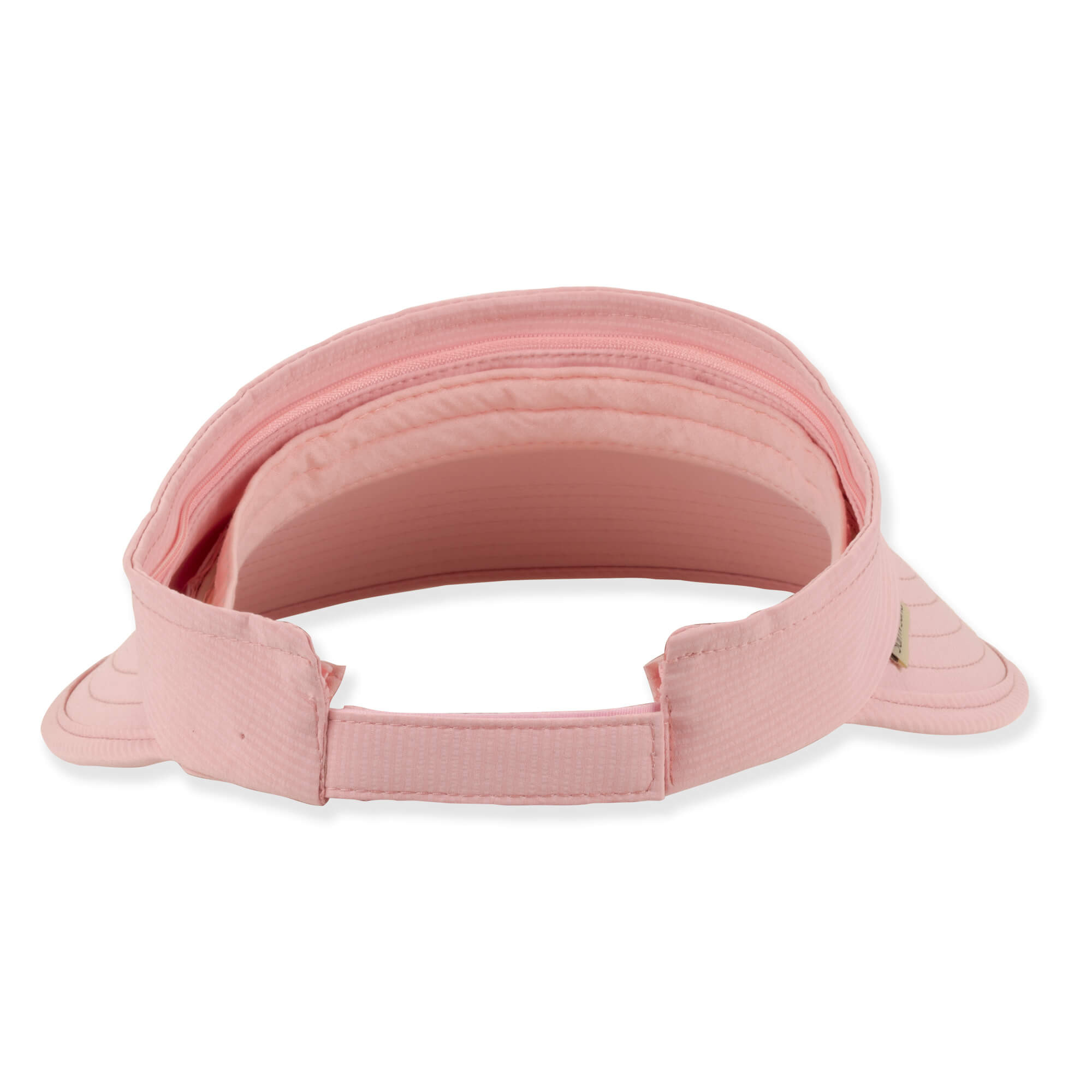 back view of a pink canvas sun visor featuring an open-top crown, internal zipper track, and multi-row stitched brim.
