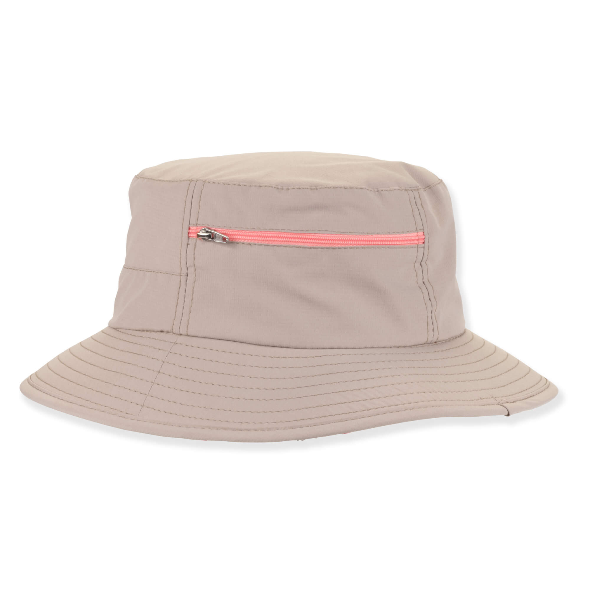 Light pink bucket hat with wide brim, pink white adjustable chin strap, side zip pocket detail, shown in clean front angled product view.