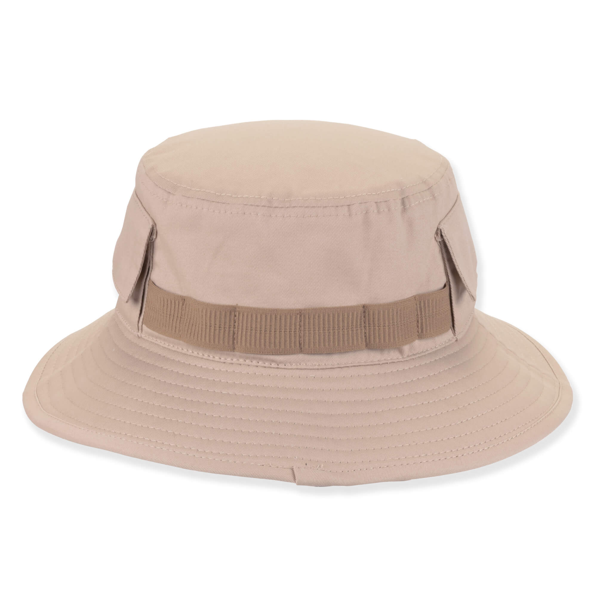 Tan canvas bucket hat with textured brim, elastic band, and side snaps. rear view,