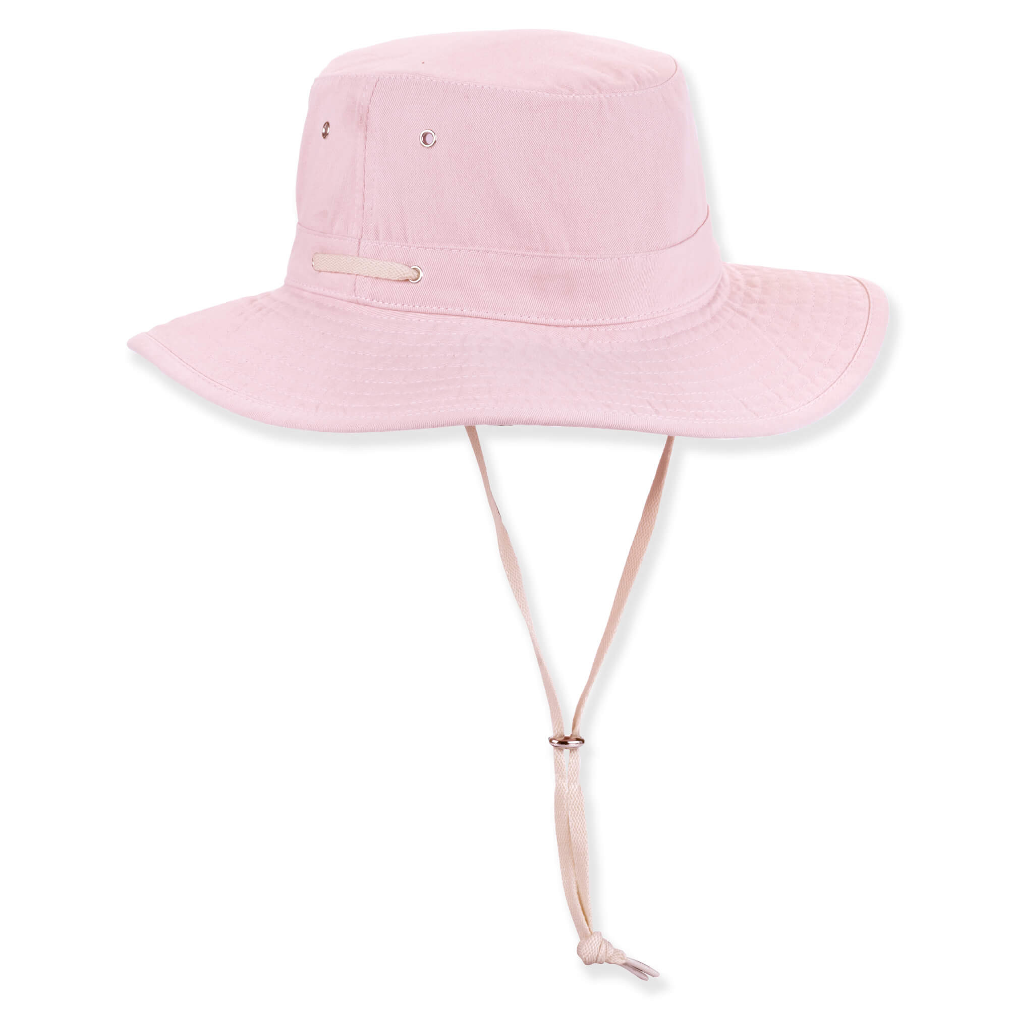 Light pink bucket hat with wide brim, metal ventilation eyelets, stitched crown band, adjustable chin strap ring, shown in clear front angled view.