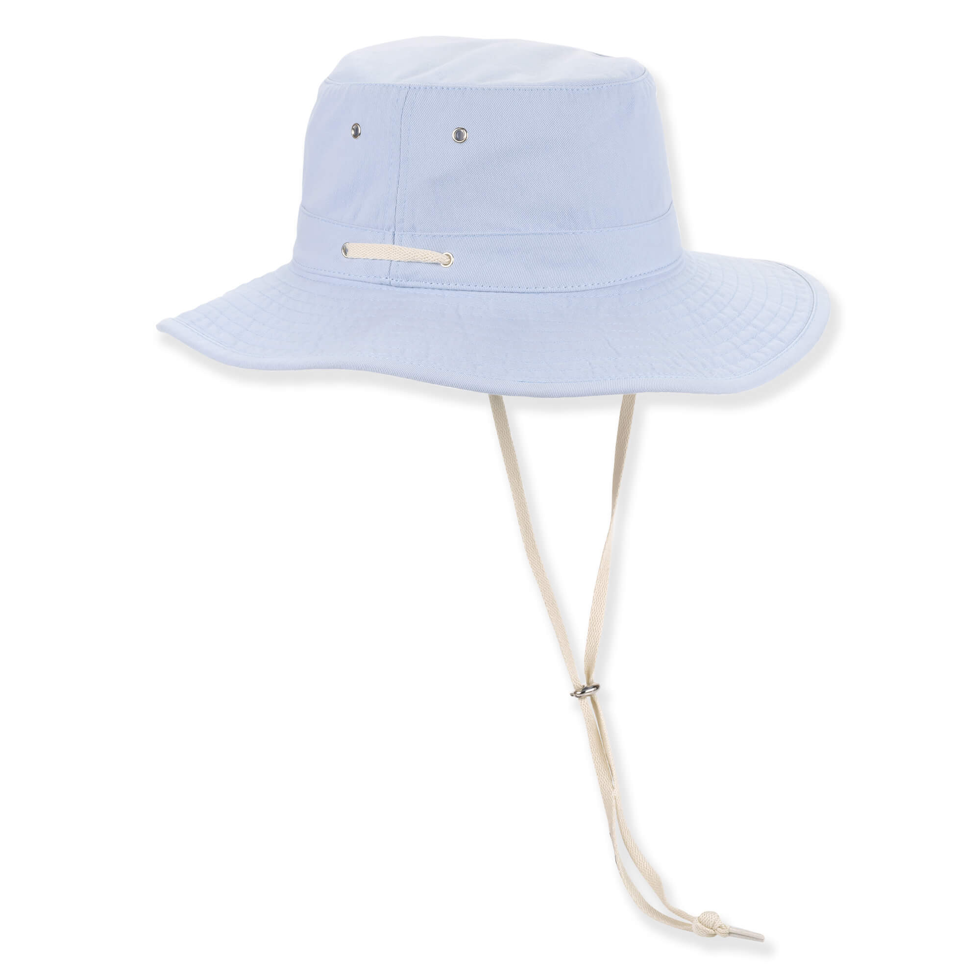 Light blue bucket hat with wide stitched brim, metal ventilation eyelets, white adjustable chin drawstring, shown in clean front angled product view.
