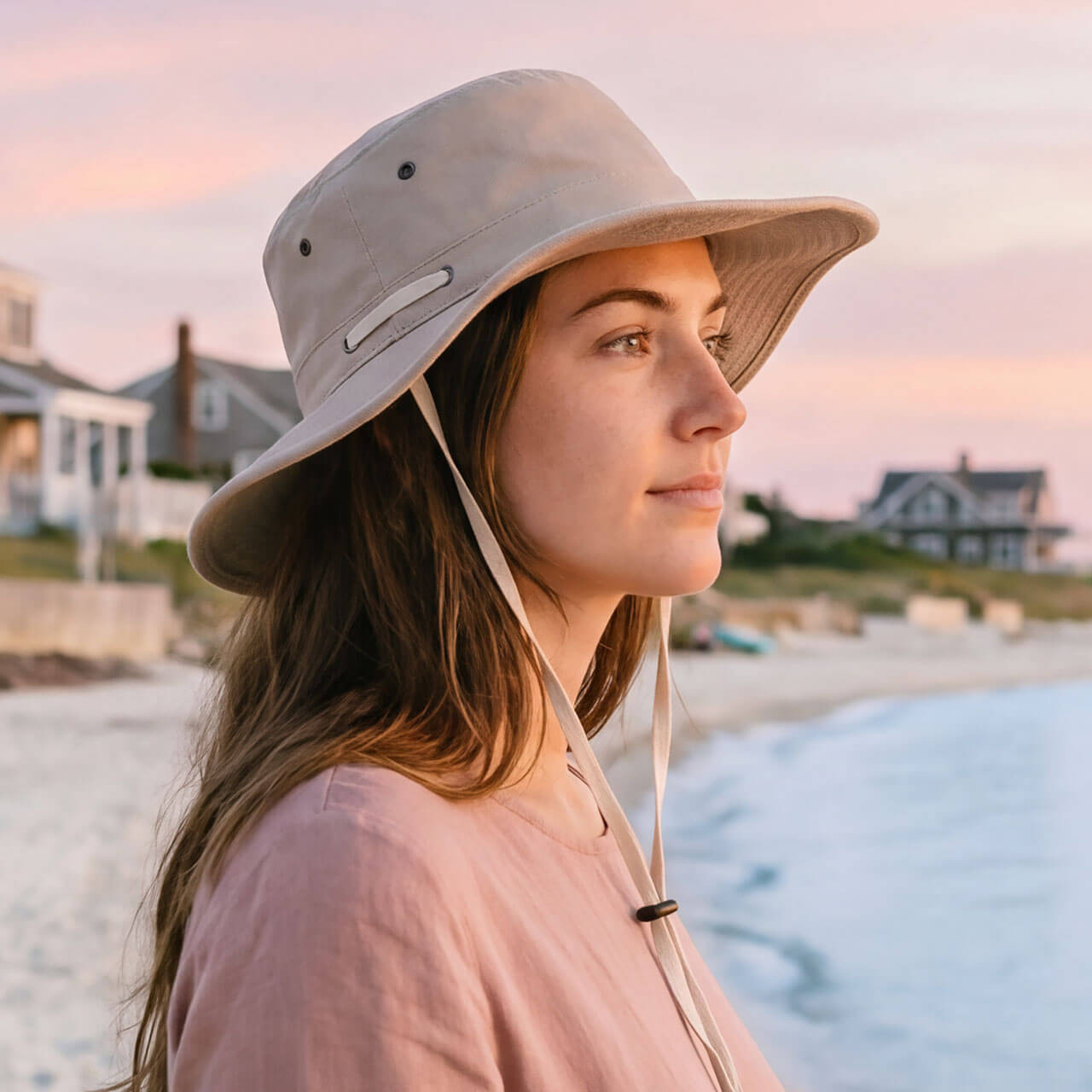 Lifestyle profile portrait of the Sun N Sand HH3600 Women’s Bucket Hat in a stone-colored tech fabric, featuring side ventilation eyelets, a matching chin cord with a toggle slider, and a structured, wide down-sloping bucket brim for an adjustable fit and UPF 50+ sun protection.