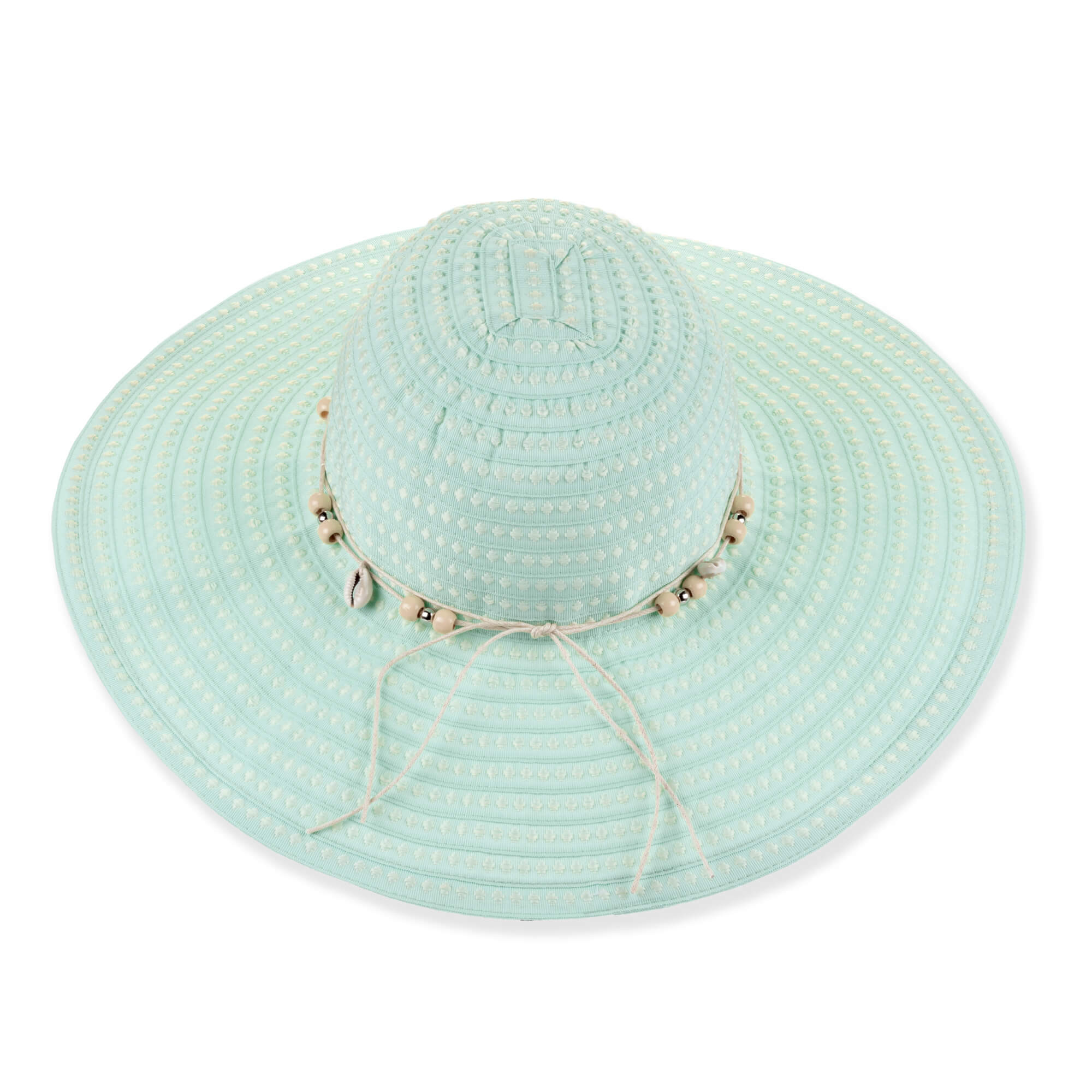 White floppy sun hat with subtle beige pattern, wide brim, gold beaded crown cord and metallic tag, shown in clear front angled view.