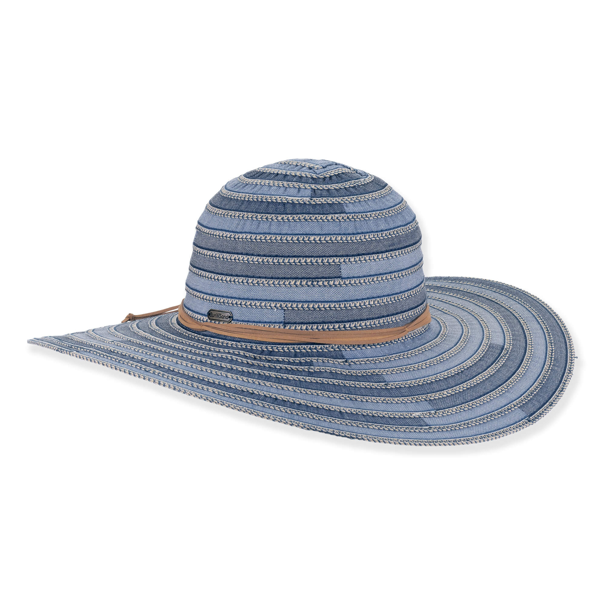 Blue white striped woven floppy hat with wide brim, brown crown band and small metallic tag, shown in clear front angled product view.