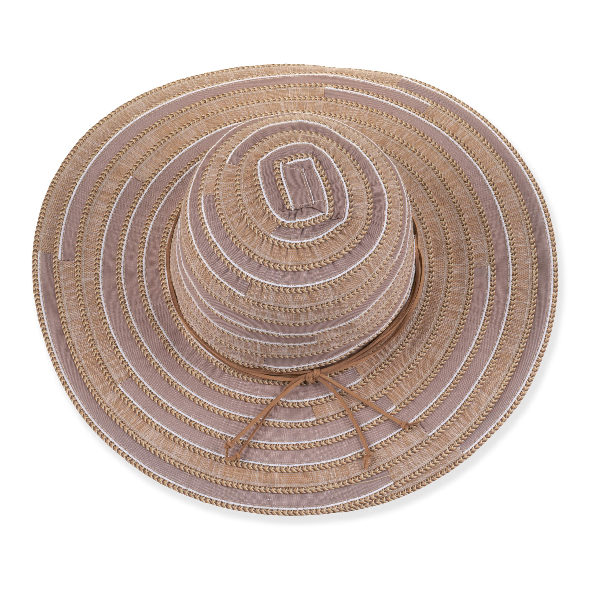 Striped woven floppy hat with wide curved brim, thin brown crown band, small metallic tag, shown in clear front angled product view.