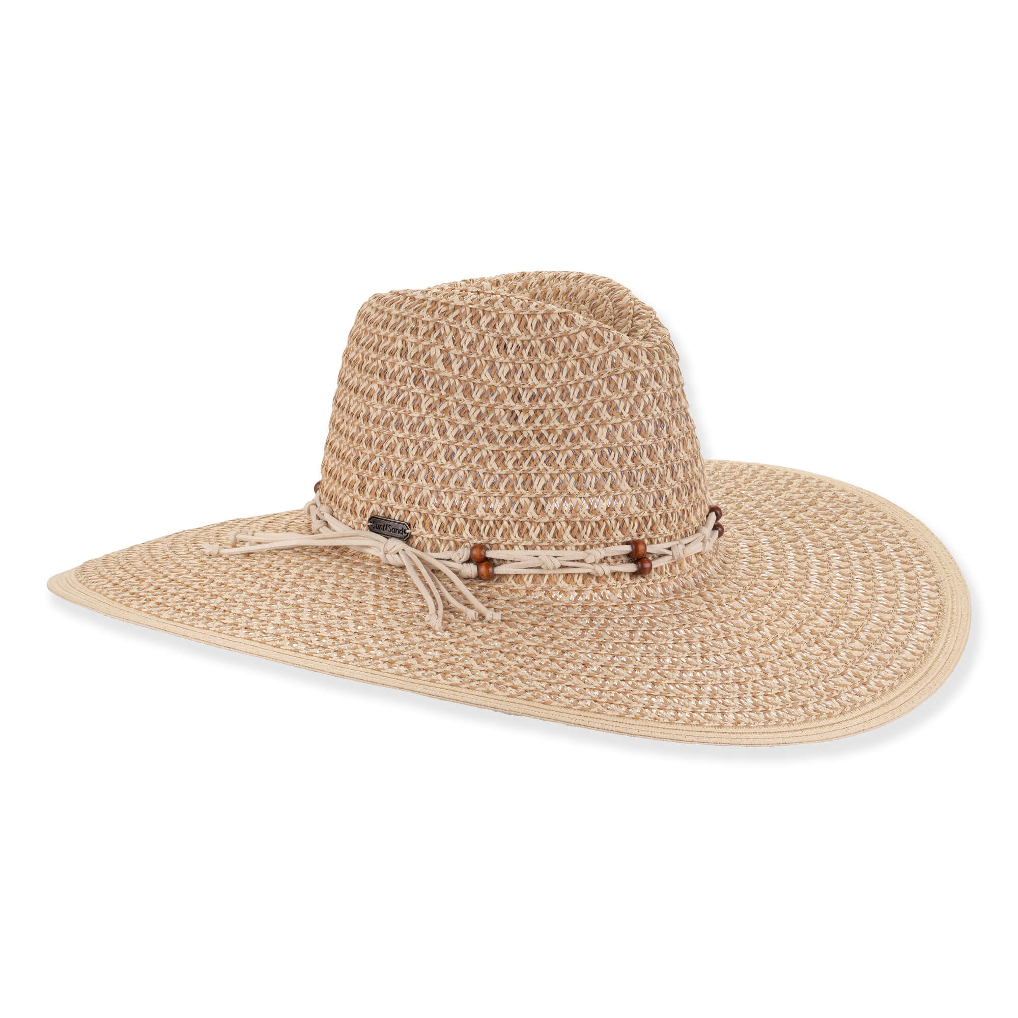 Three-quarter view of tan Sun N Sand HH3609 A safari hat featuring open-weave straw, beaded cord band, and metal logo hardware.