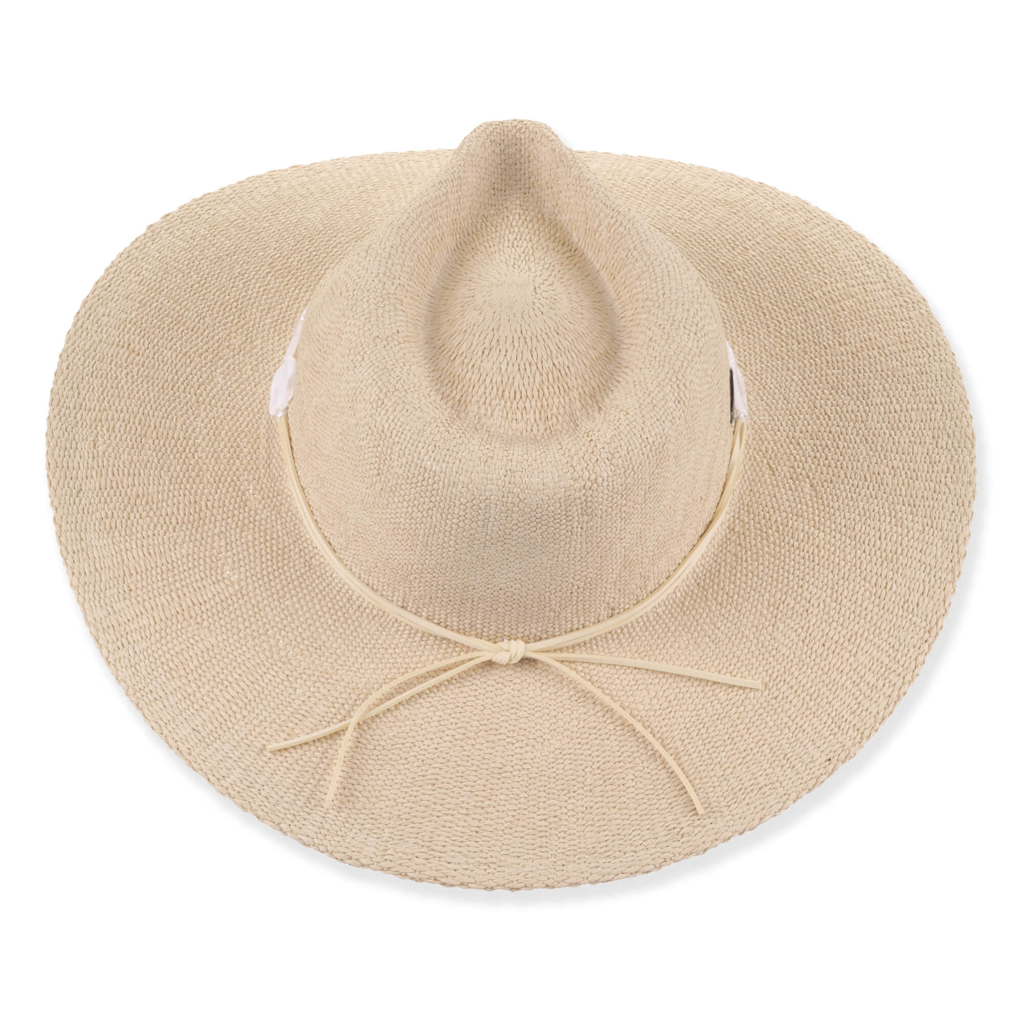 Three-quarter view of natural Sun N Sand HH3621 A safari hat featuring micro-weave straw, white square-stone band, and metal hardware.