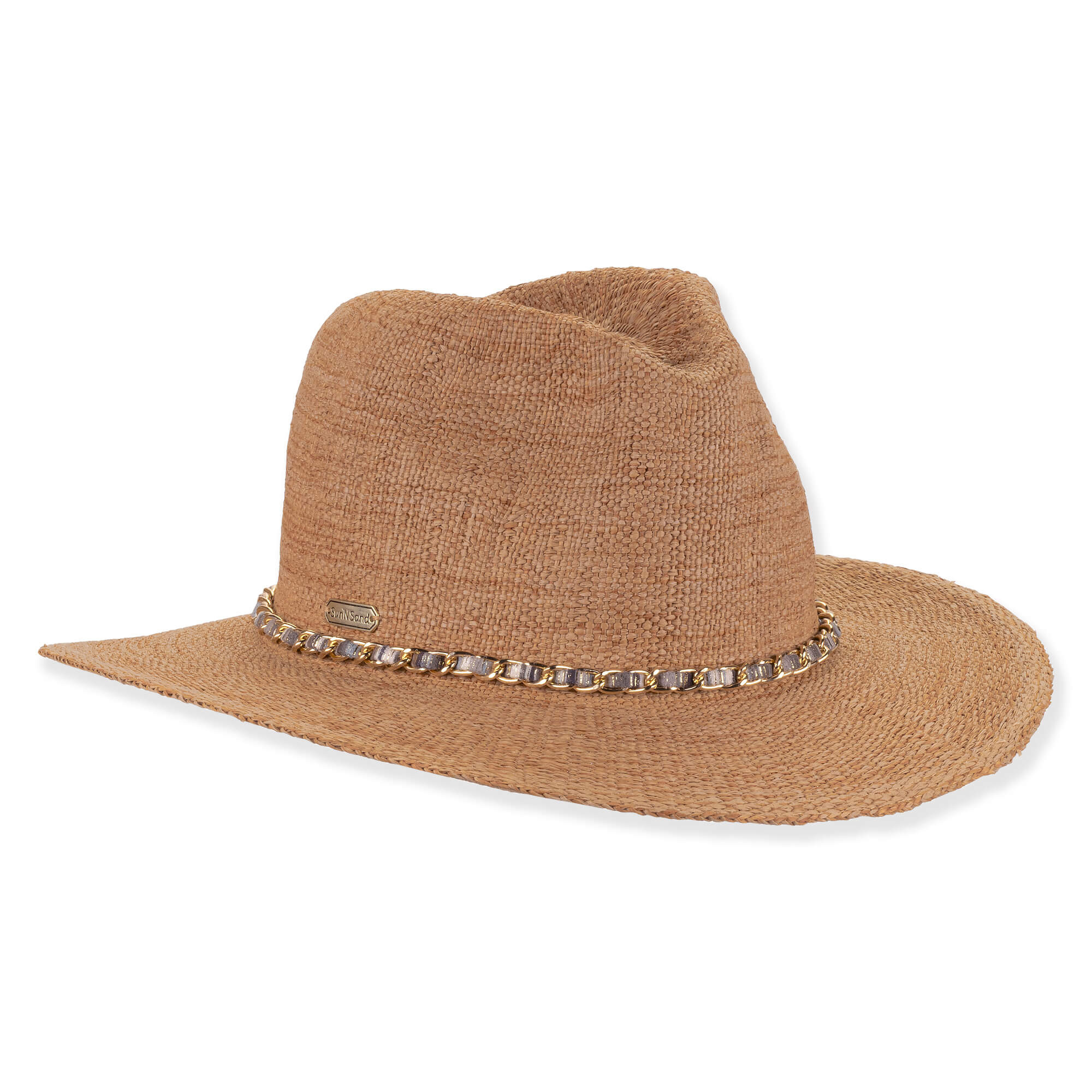 Three-quarter view of brown Sun N Sand HH3623 A safari hat featuring micro-weave straw, gold chain link band, and metal hardware.
