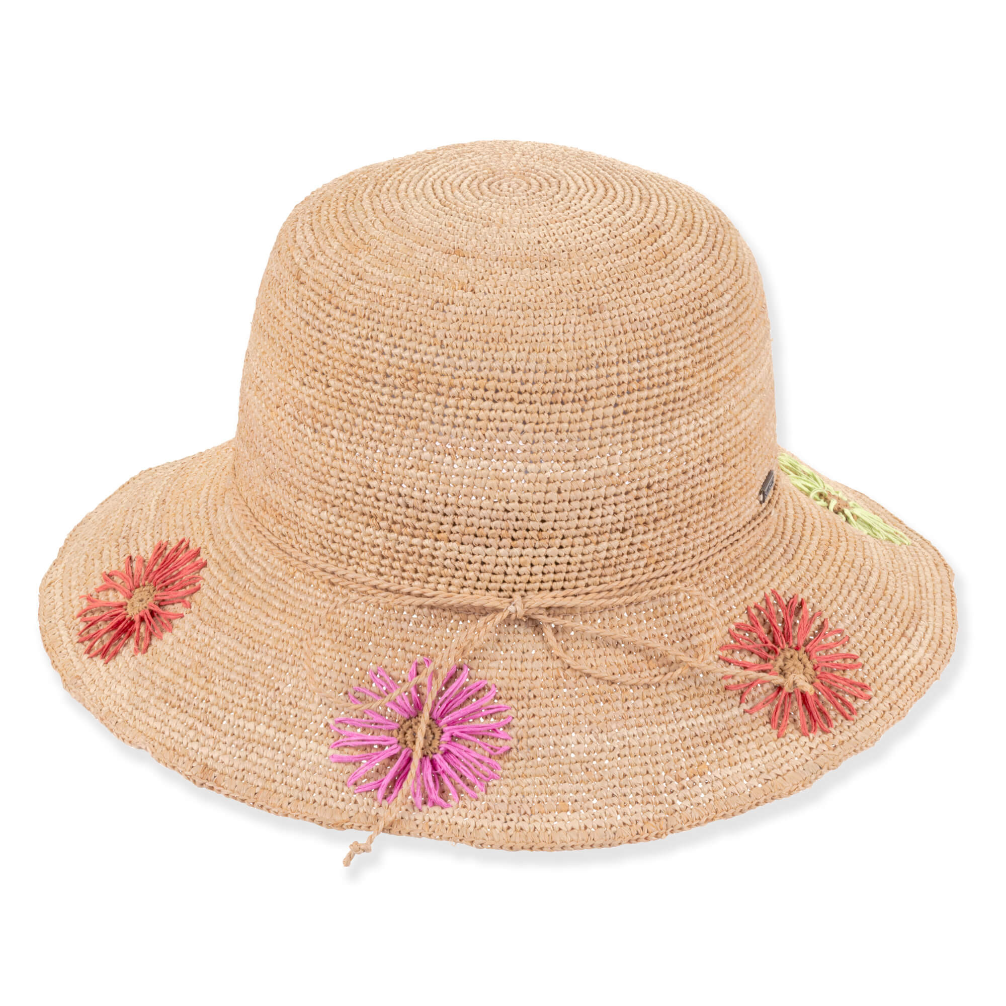 Three-quarter profile view of a tan crocheted straw bucket hat featuring a rounded crown, rope trim, and colorful floral embroidery.