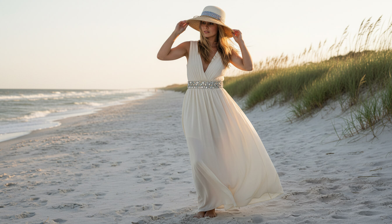 Lifestyle portrait of the Sun N Sand HH3642 Women’s Bucket Hat in a natural tan woven straw, featuring a decorative black and white patterned hatband with a side metallic brand plate and a structured down-sloping brim for an adjustable fit and UPF 50+