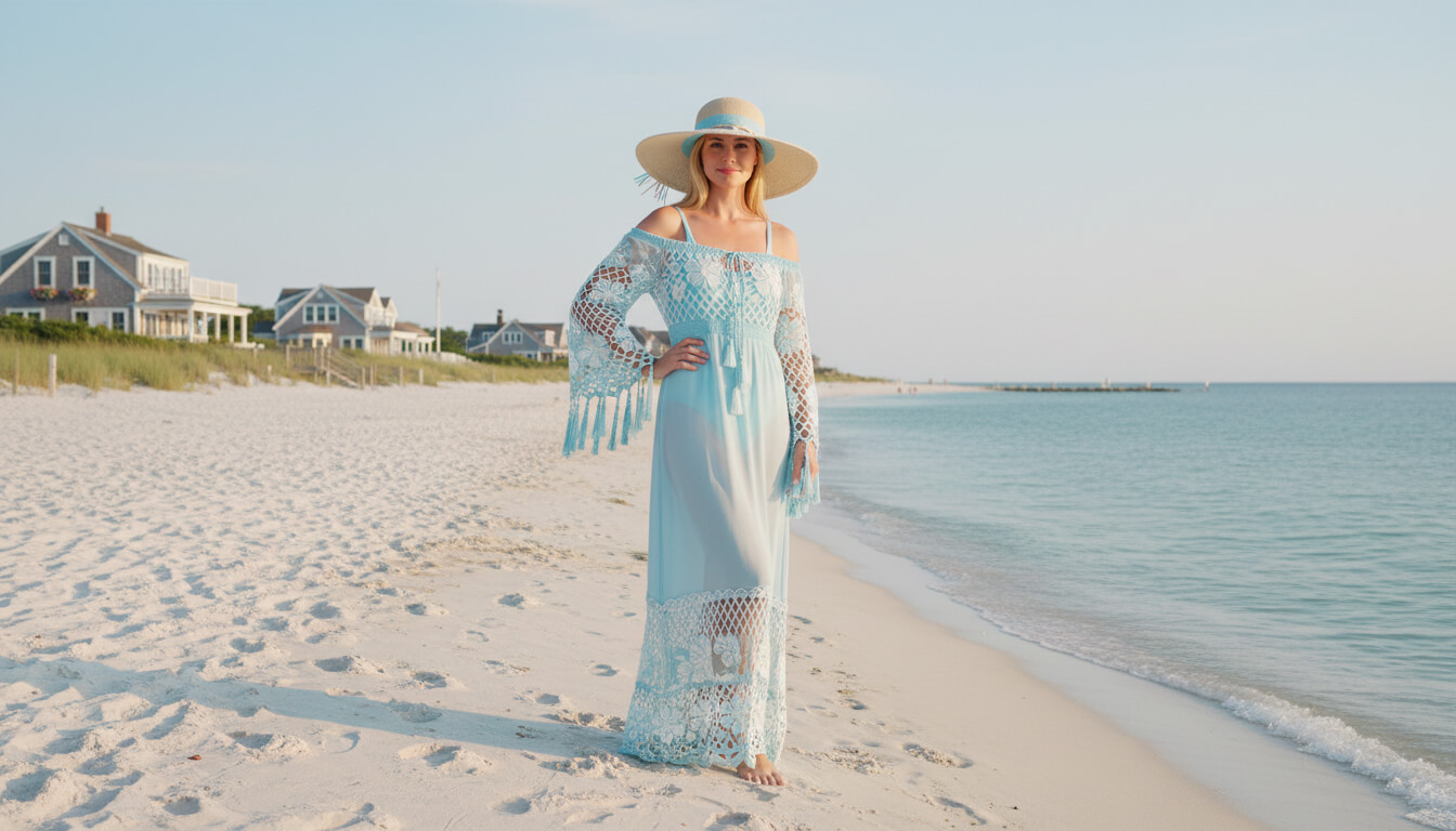 Lifestyle portrait of the Sun N Sand HH3643 Women’s Floppy Hat in a natural tan woven straw, featuring a light blue and white patterned ribbon hatband with a side metallic brand plate and an oversized, structured floppy brim for an adjustable fit and UPF