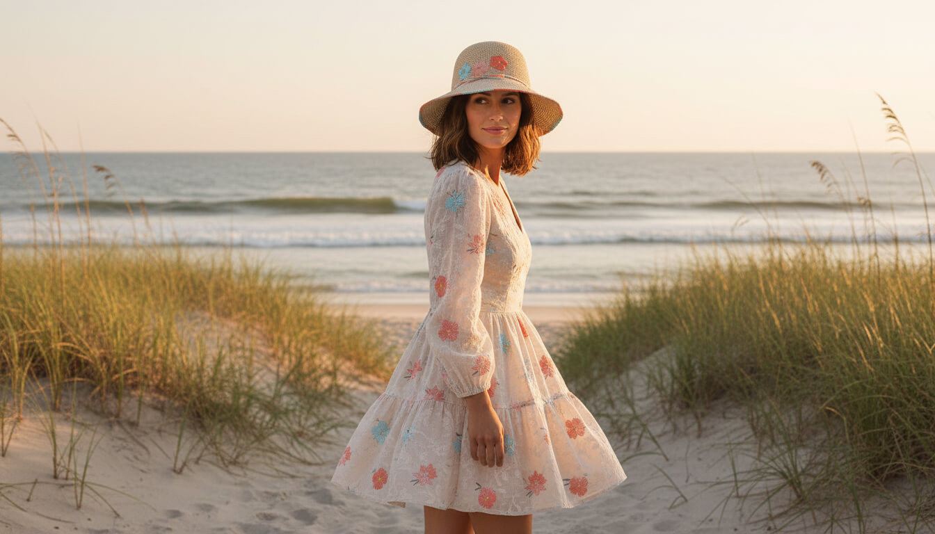 Lifestyle profile portrait of the Sun N Sand HH3648 Women’s Bucket Hat in a natural tan paperbraid weave, featuring delicate pastel floral embroidery on the crown with a side metallic brand plate and a structured down-sloping brim for an adjustable fit and UPF 50+ sun protection.