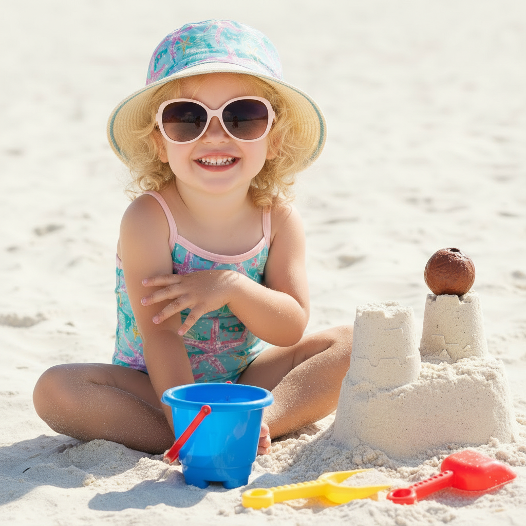 Lifestyle portrait of the Sun N Sand HK549 IG Kids’ Sun Hat in a vibrant teal sea-themed starfish and seahorse print, featuring a soft wide brim with striped edging and a classic rounded crown for sun-safe beach play and shaded comfort.