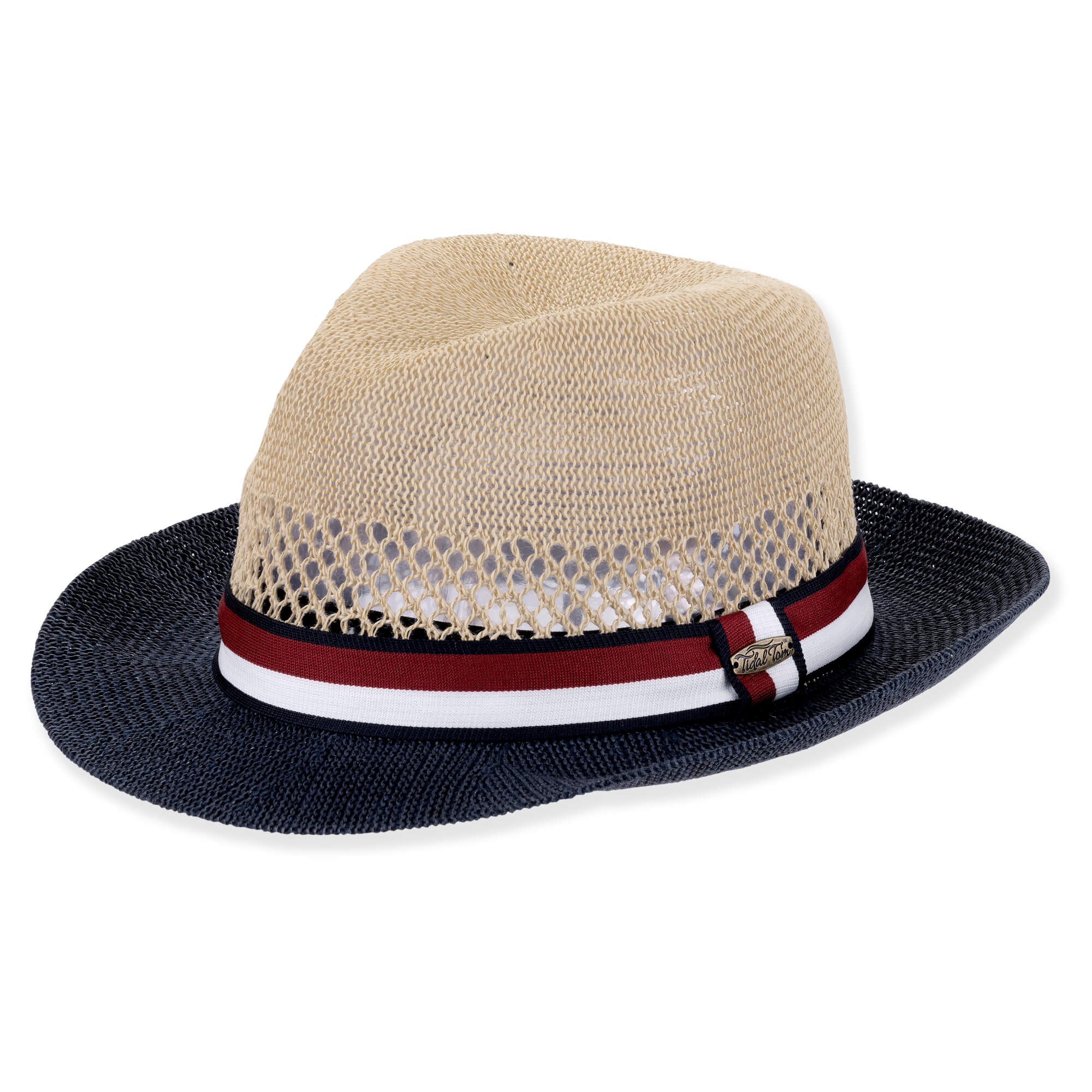 Three-quarter view of a cream straw fedora featuring an open-weave ventilated crown, navy brim, and a red-striped white fabric band