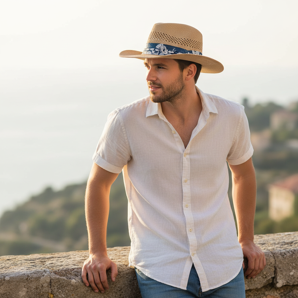 Lifestyle three-quarter view of the Sun N Sand HTT1285 men's straw outback hat in Natural, featuring a blue floral print fabric band and a ventilated open-weave crown for stylish breathability and sun protection during summer travels.